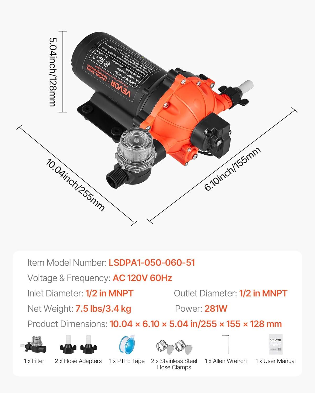 image:imageVEVOR 12V Diaphragm Pump 18 GPM 681 Lmin 3Chamber 12 Volt DC Water Pump with Automatic Pressure Switch 40100 PSI Adjustable 60 PSI 12 MNPT Port for RV Yacht Food Truck Camper Marine110V 5Chamber 50GPM 60PSI