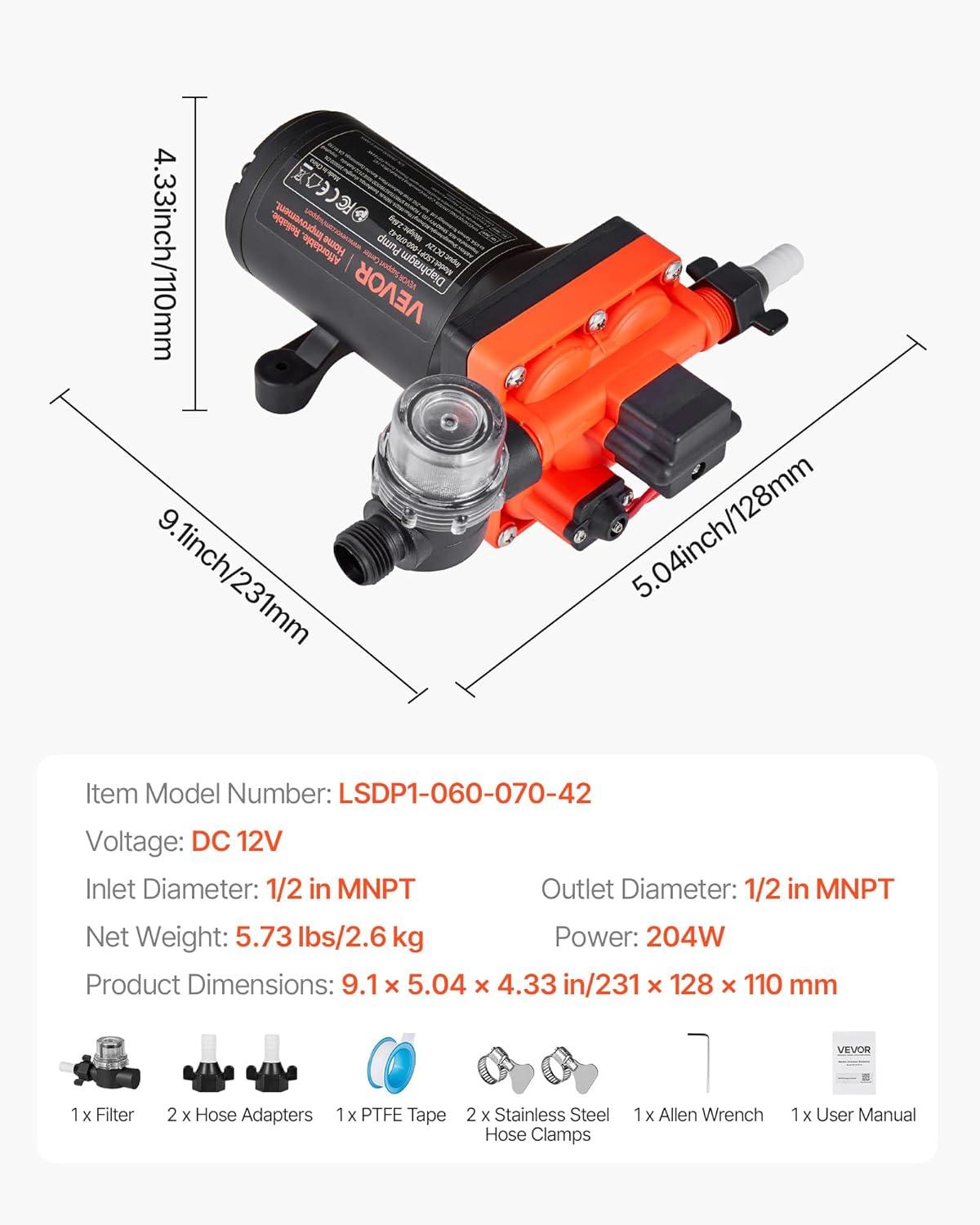 image:imageVEVOR 12V Diaphragm Pump 18 GPM 681 Lmin 3Chamber 12 Volt DC Water Pump with Automatic Pressure Switch 40100 PSI Adjustable 60 PSI 12 MNPT Port for RV Yacht Food Truck Camper Marine12V 4Chamber 60GPM 70PSI