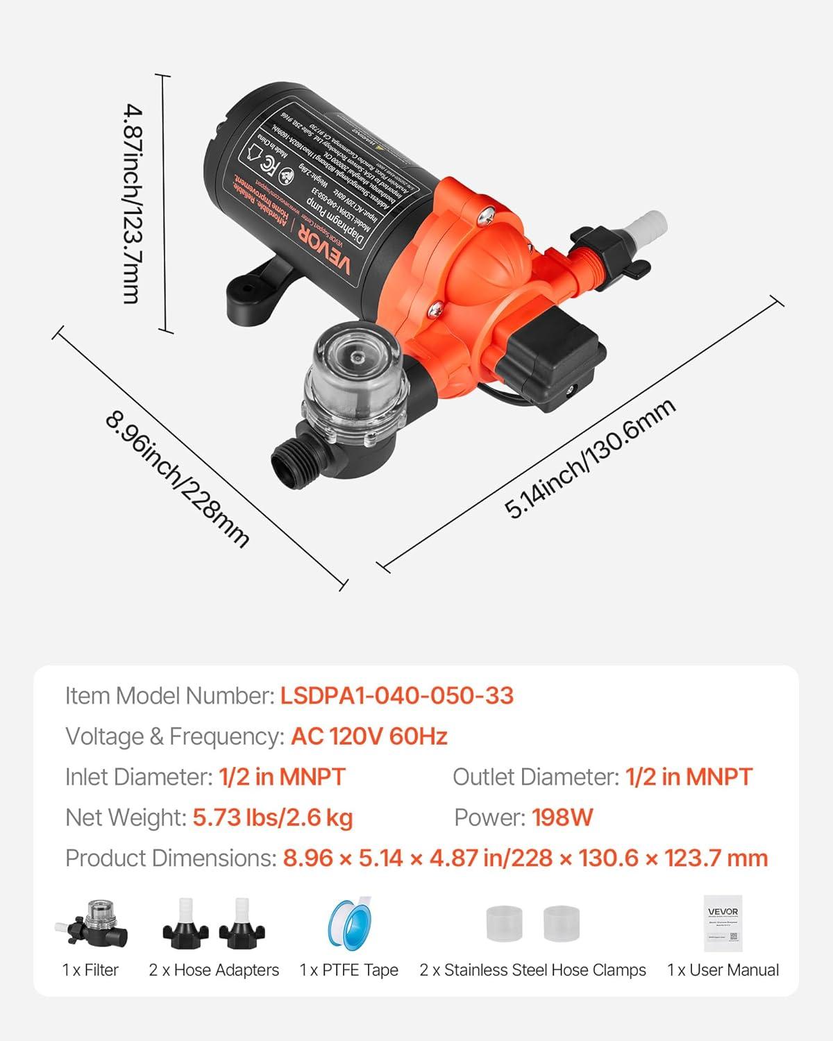 image:imageVEVOR 12V Diaphragm Pump 18 GPM 681 Lmin 3Chamber 12 Volt DC Water Pump with Automatic Pressure Switch 40100 PSI Adjustable 60 PSI 12 MNPT Port for RV Yacht Food Truck Camper Marine110V 3Chamber 40GPM 45PSI