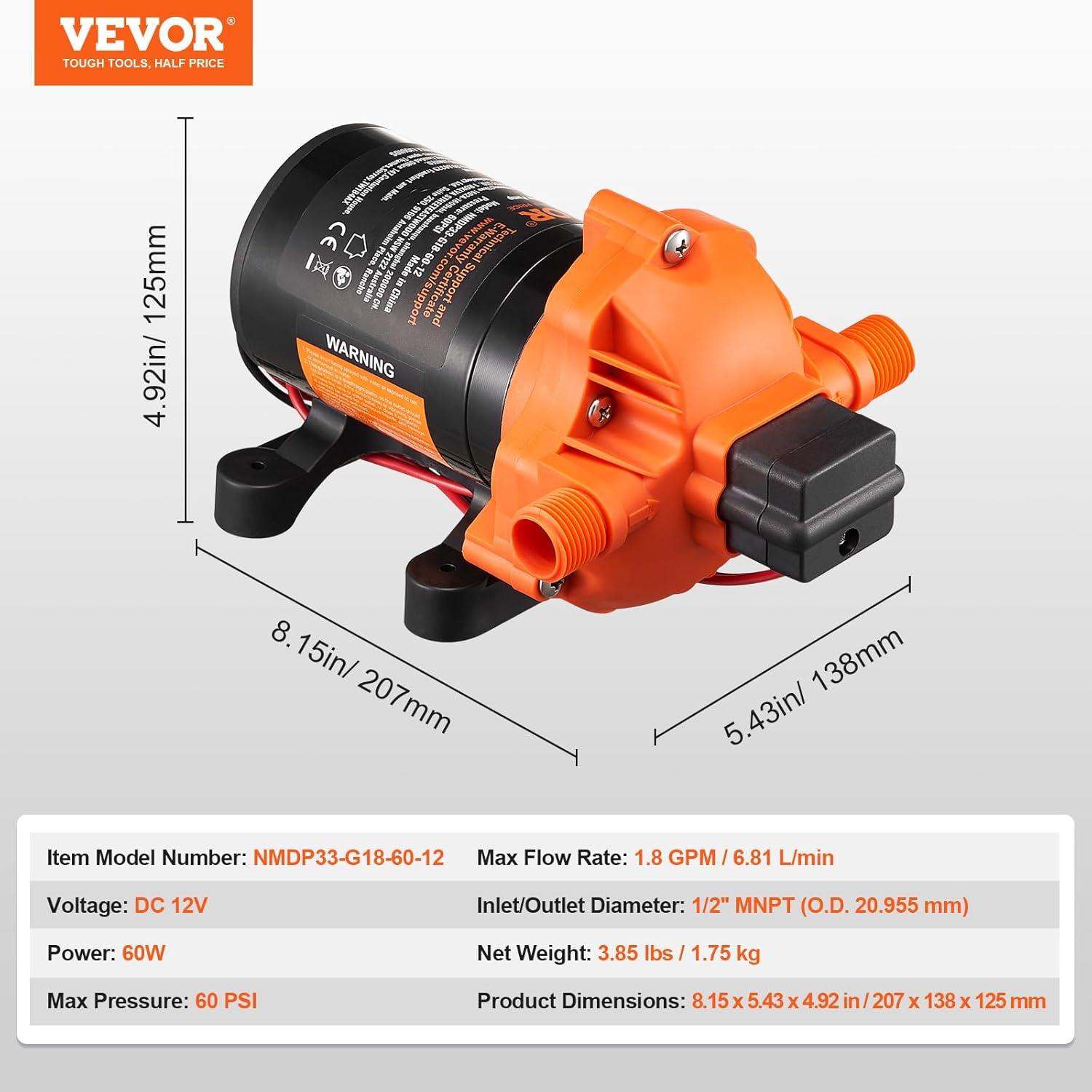 image:imageVEVOR 12V Diaphragm Pump 18 GPM 681 Lmin 3Chamber 12 Volt DC Water Pump with Automatic Pressure Switch 40100 PSI Adjustable 60 PSI 12 MNPT Port for RV Yacht Food Truck Camper Marine12V 18GPM 60PSIAdjustable