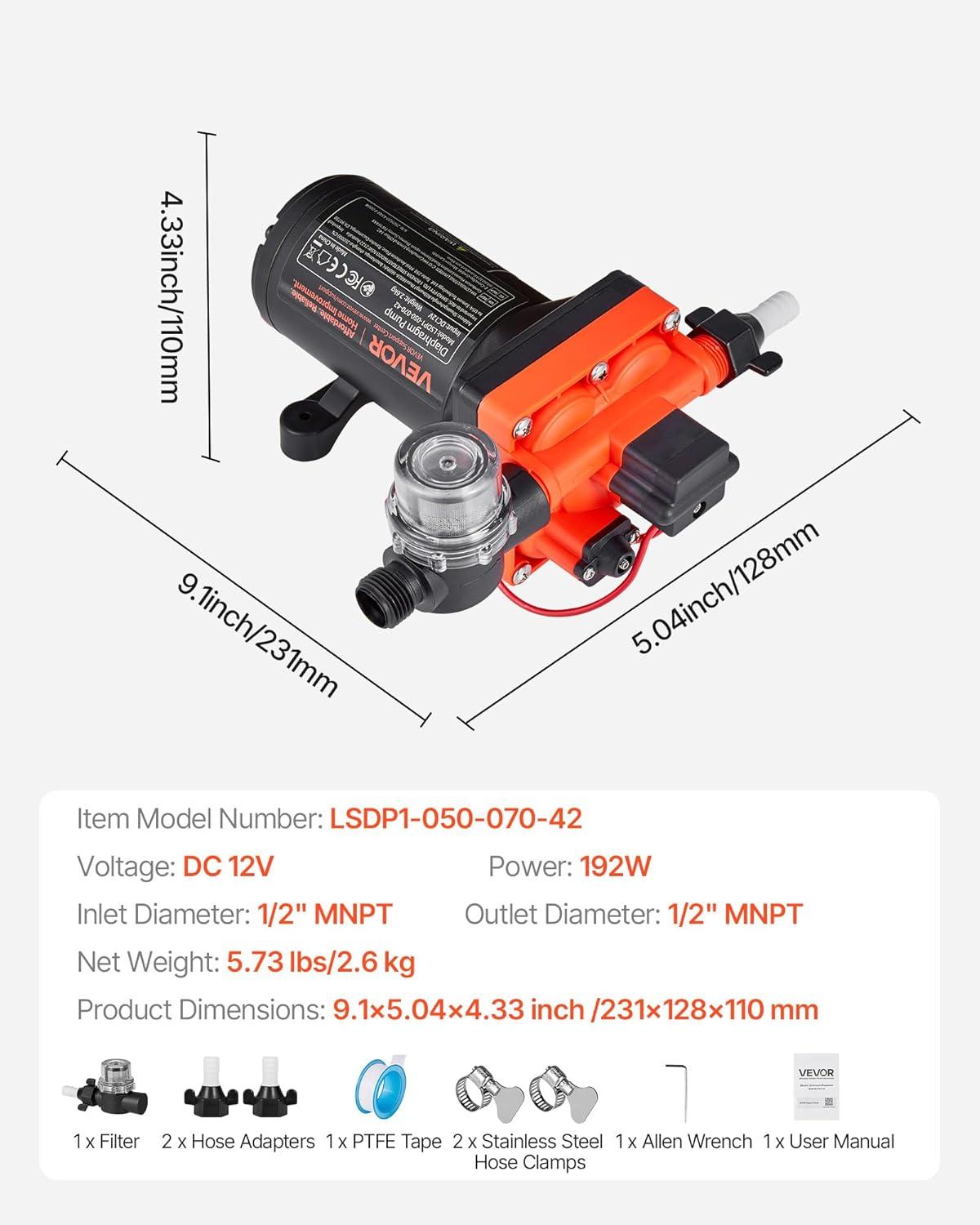 image:imageVEVOR 12V Diaphragm Pump 18 GPM 681 Lmin 3Chamber 12 Volt DC Water Pump with Automatic Pressure Switch 40100 PSI Adjustable 60 PSI 12 MNPT Port for RV Yacht Food Truck Camper Marine12V 4Chamber 50GPM 70PSI