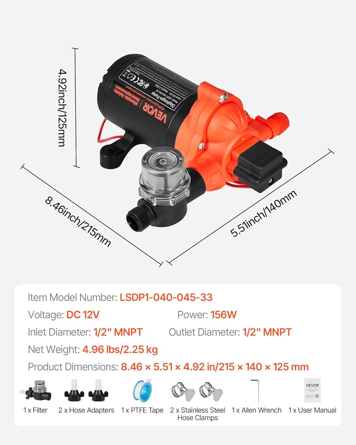 image:imageVEVOR 12V Diaphragm Pump 18 GPM 681 Lmin 3Chamber 12 Volt DC Water Pump with Automatic Pressure Switch 40100 PSI Adjustable 60 PSI 12 MNPT Port for RV Yacht Food Truck Camper Marine12V 3Chamber 40GPM 40PSI