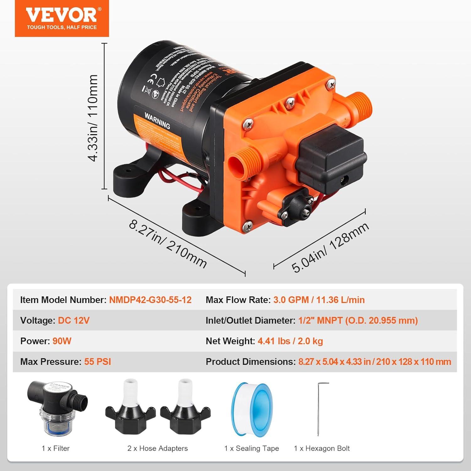 image:imageVEVOR 12V Diaphragm Pump 18 GPM 681 Lmin 3Chamber 12 Volt DC Water Pump with Automatic Pressure Switch 40100 PSI Adjustable 60 PSI 12 MNPT Port for RV Yacht Food Truck Camper Marine12V 30GPM 55PSIAdjustable