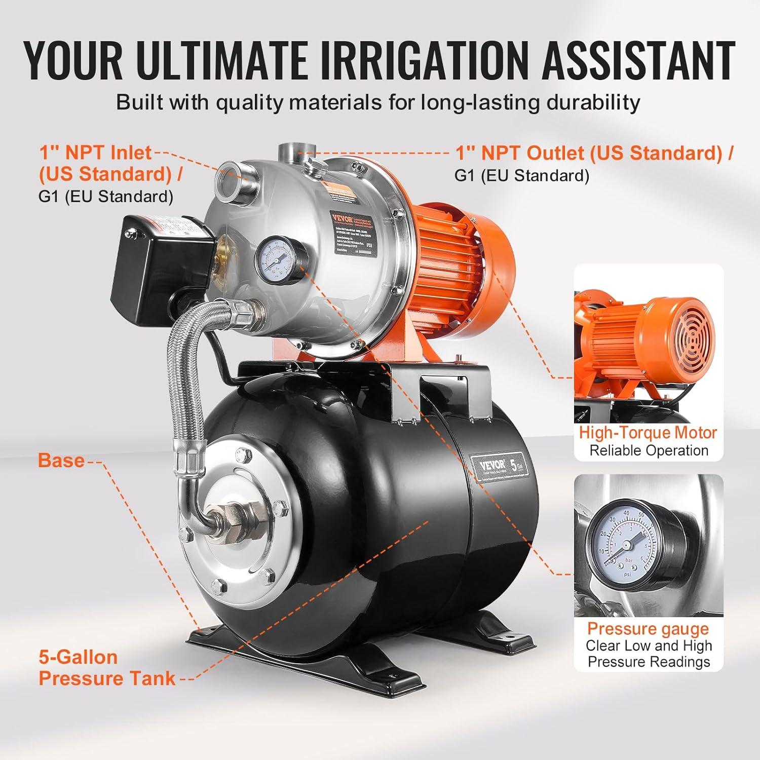 image:imageVEVOR 1HP Shallow Well Pump Portable 1380 GPH Garden Jet Pump with Automatic Controller 145 ft Head Stainless Steel Sprinkler Booster Pumps for Garden Lawn Irrigation System Water Transfer16 HP with Tank