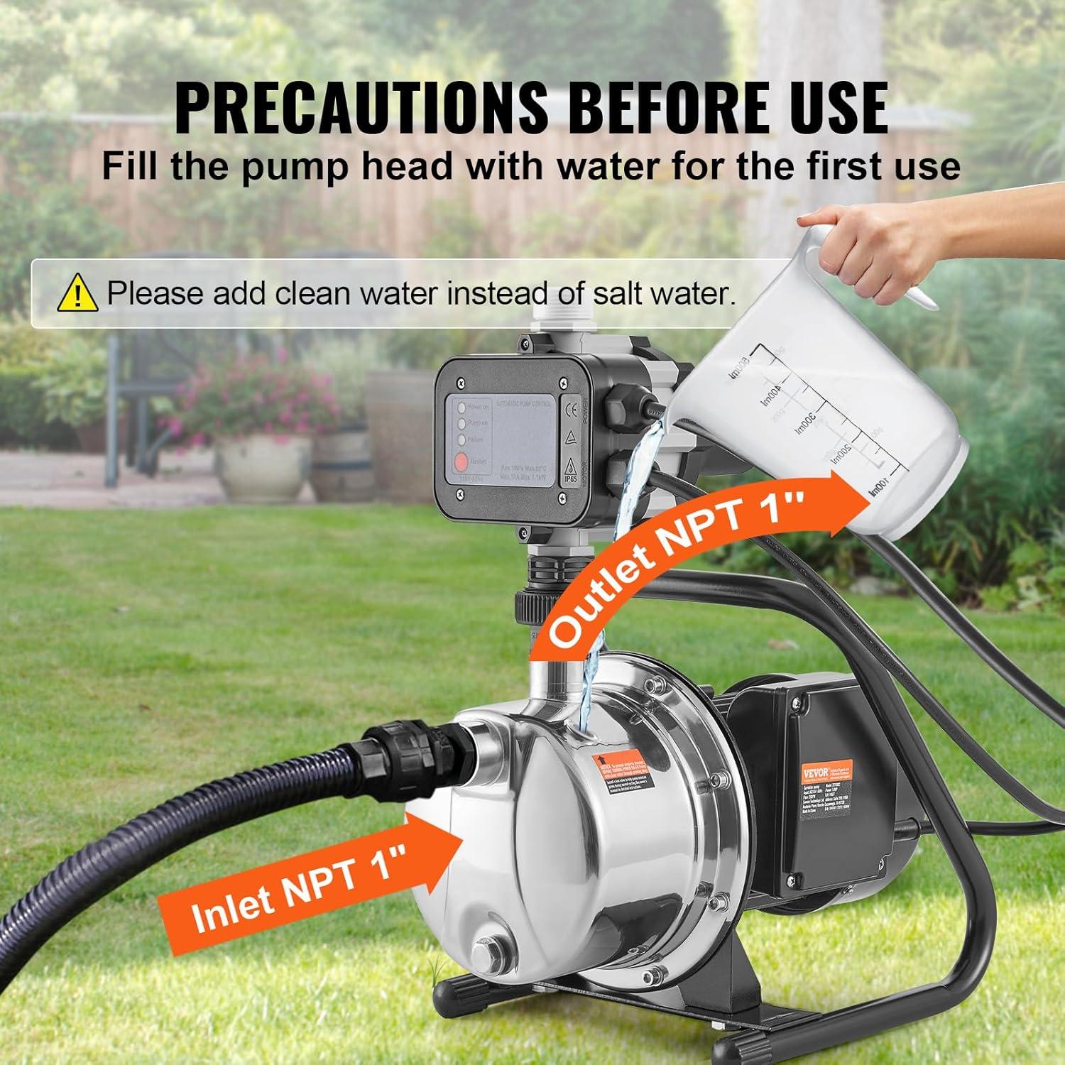 image:imageVEVOR 1HP Shallow Well Pump Portable 1380 GPH Garden Jet Pump with Automatic Controller 145 ft Head Stainless Steel Sprinkler Booster Pumps for Garden Lawn Irrigation System Water Transfer1 HP with Automatic Controller