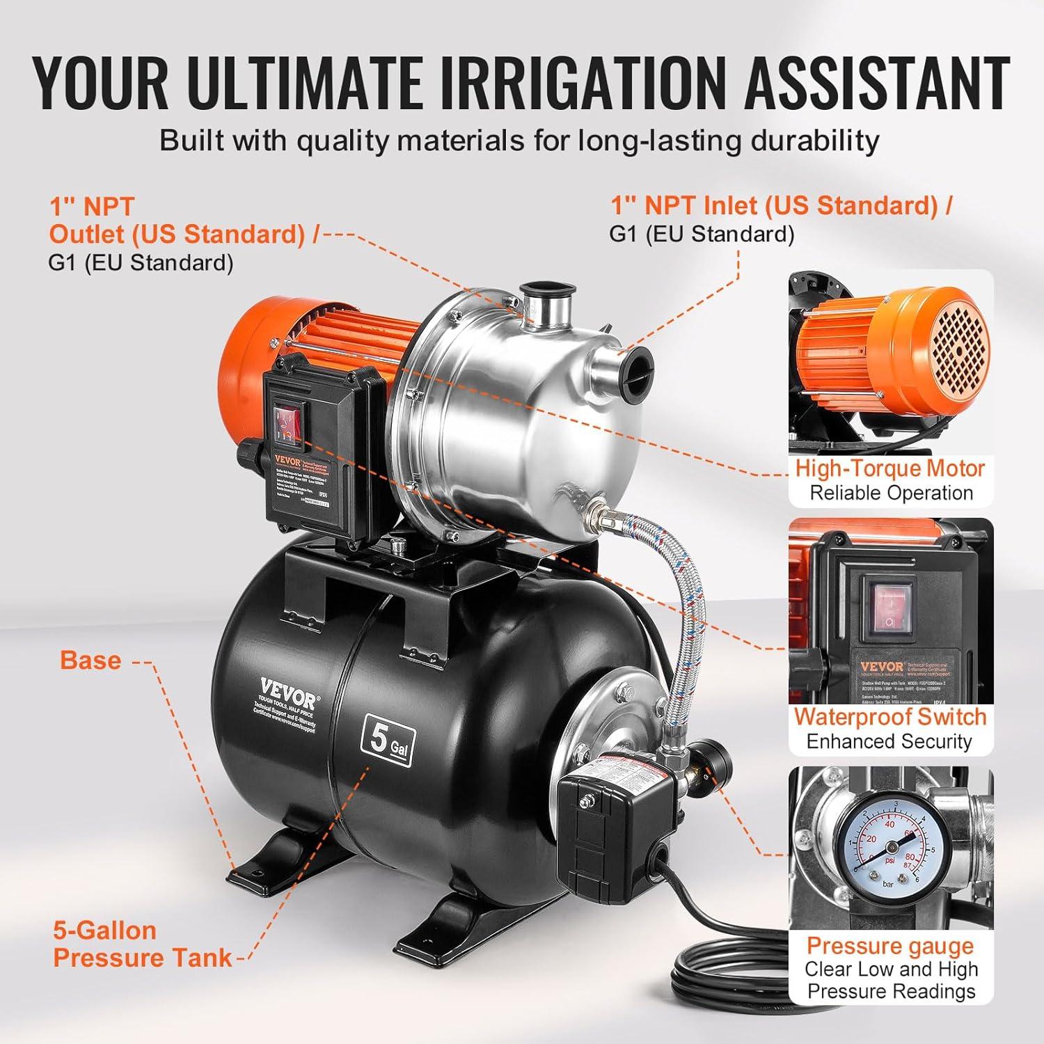image:imageVEVOR 1HP Shallow Well Pump Portable 1380 GPH Garden Jet Pump with Automatic Controller 145 ft Head Stainless Steel Sprinkler Booster Pumps for Garden Lawn Irrigation System Water Transfer1 HP with Tank SS