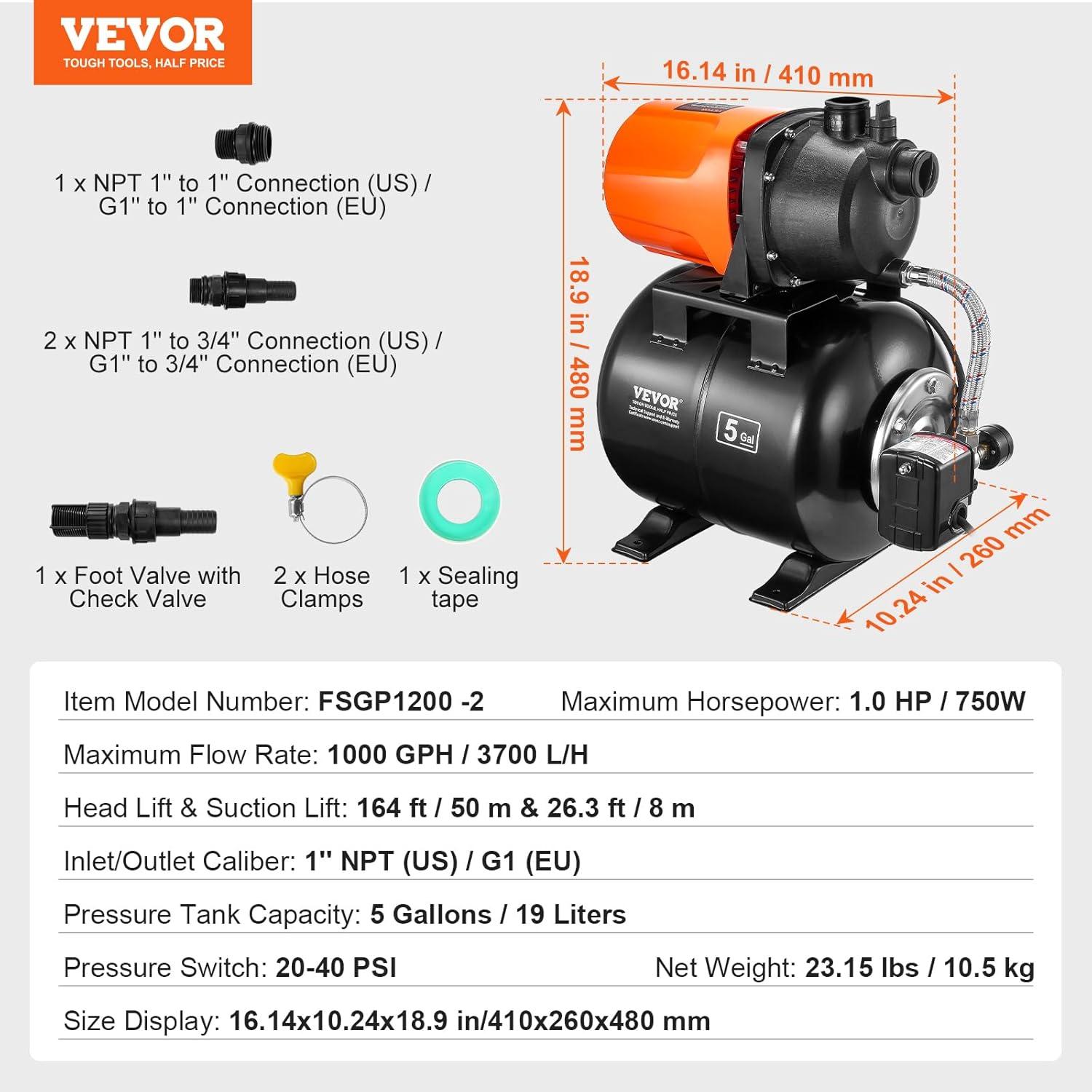 image:imageVEVOR 1HP Shallow Well Pump Portable 1380 GPH Garden Jet Pump with Automatic Controller 145 ft Head Stainless Steel Sprinkler Booster Pumps for Garden Lawn Irrigation System Water Transfer1 HP with Tank