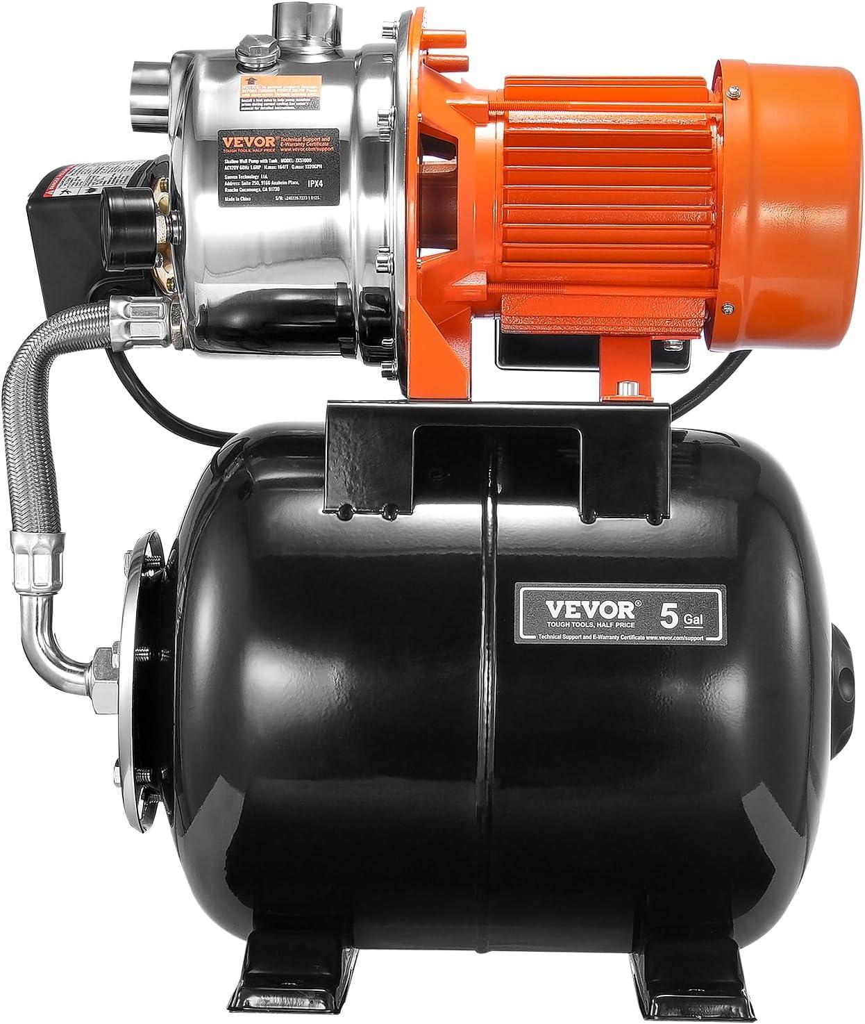 image:imageVEVOR 1HP Shallow Well Pump Portable 1380 GPH Garden Jet Pump with Automatic Controller 145 ft Head Stainless Steel Sprinkler Booster Pumps for Garden Lawn Irrigation System Water Transfer16 HP with Tank