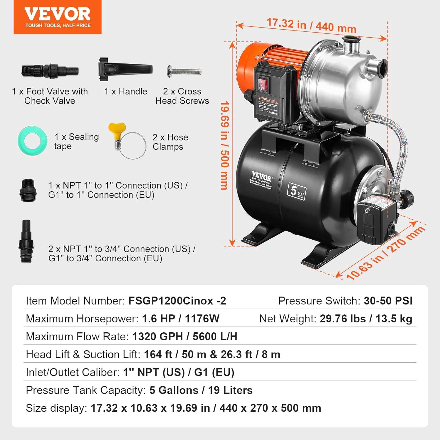 image:imageVEVOR 1HP Shallow Well Pump Portable 1380 GPH Garden Jet Pump with Automatic Controller 145 ft Head Stainless Steel Sprinkler Booster Pumps for Garden Lawn Irrigation System Water Transfer16 HP with Tank SS