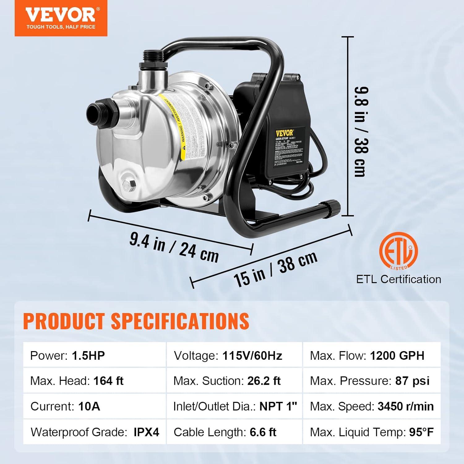 image:imageVEVOR 1HP Shallow Well Pump Portable 1380 GPH Garden Jet Pump with Automatic Controller 145 ft Head Stainless Steel Sprinkler Booster Pumps for Garden Lawn Irrigation System Water Transfer15 HP with Handle