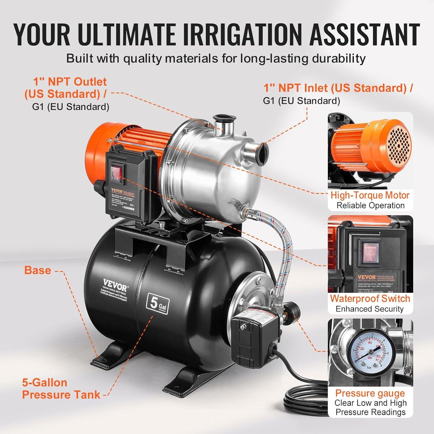 image:imageVEVOR 1HP Shallow Well Pump Portable 1380 GPH Garden Jet Pump with Automatic Controller 145 ft Head Stainless Steel Sprinkler Booster Pumps for Garden Lawn Irrigation System Water Transfer16 HP with Tank SS