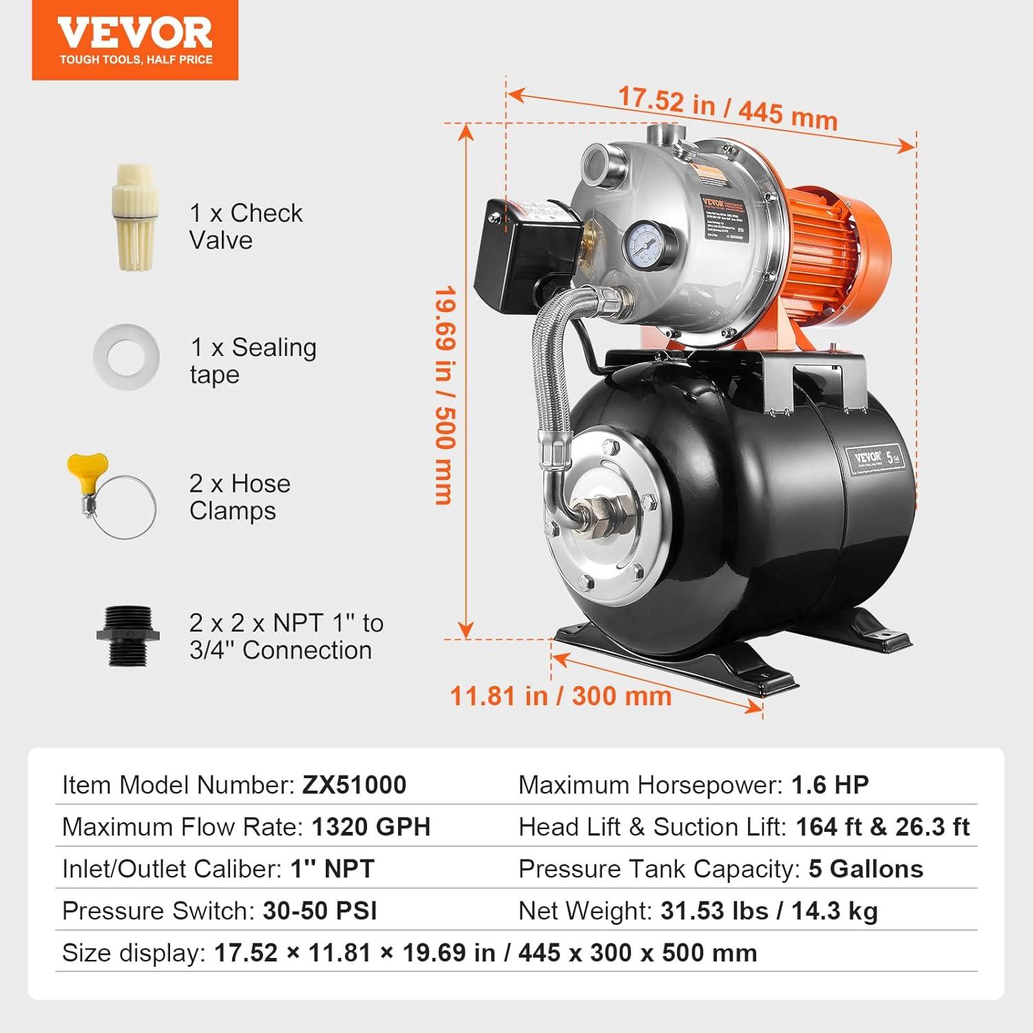 image:imageVEVOR 1HP Shallow Well Pump Portable 1380 GPH Garden Jet Pump with Automatic Controller 145 ft Head Stainless Steel Sprinkler Booster Pumps for Garden Lawn Irrigation System Water Transfer16 HP with Tank