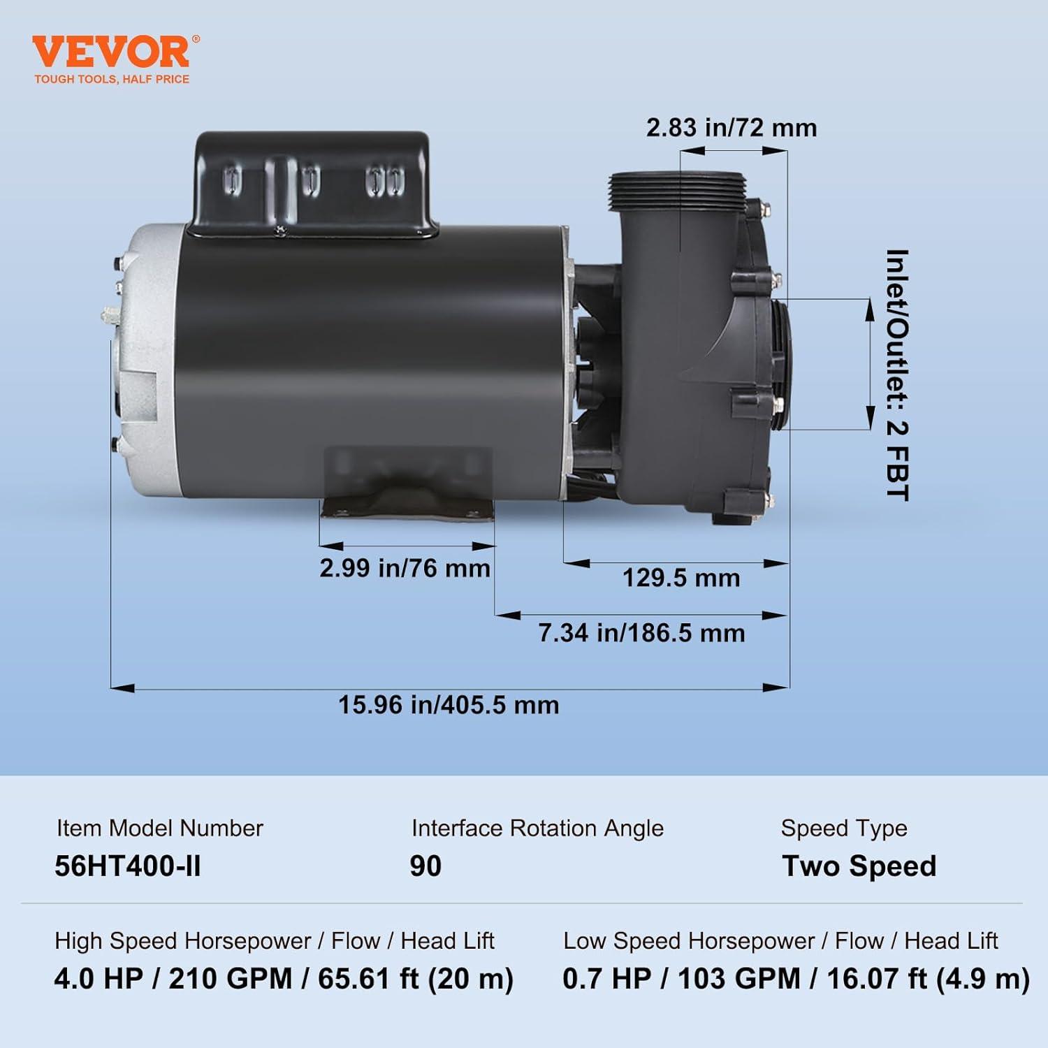 image:imageVEVOR 2 Speed SPA Pump 48Frame AC 110120V Hot Tub SPA Pump 15 HP 150 GPM 4265 ft High Speed or 046 HP 70 GPM 918 ft Low Speed 2 Port 90 Rotational Interface for Hot Tub56Frame 4HP