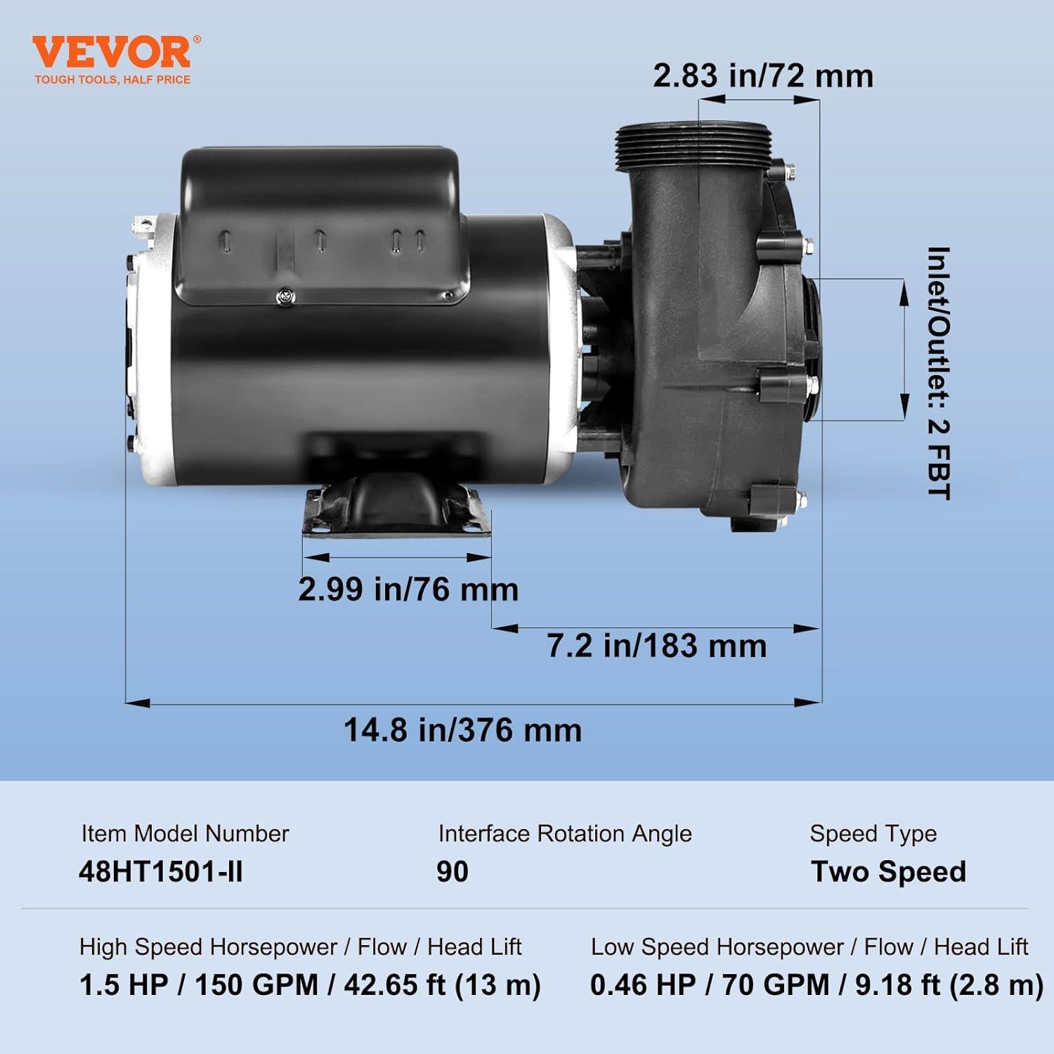 image:imageVEVOR 2 Speed SPA Pump 48Frame AC 110120V Hot Tub SPA Pump 15 HP 150 GPM 4265 ft High Speed or 046 HP 70 GPM 918 ft Low Speed 2 Port 90 Rotational Interface for Hot Tub15 HP