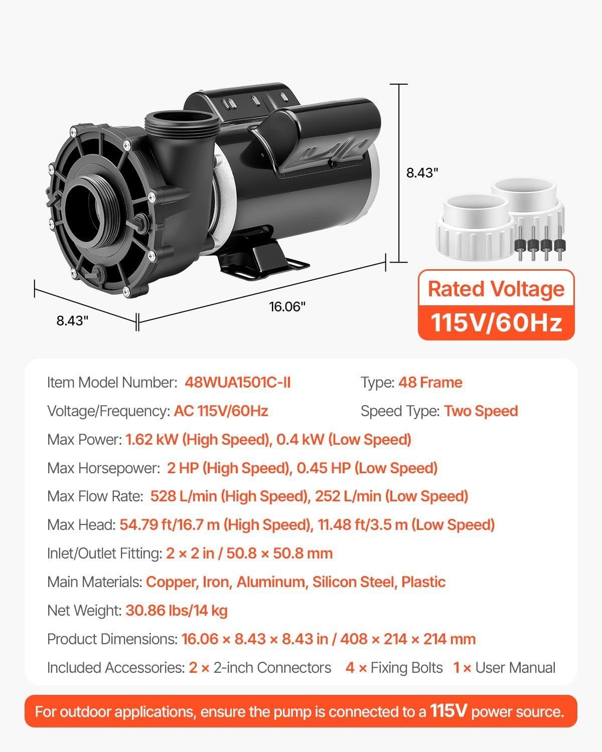 image:imageVEVOR 2 Speed SPA Pump 48Frame AC 110120V Hot Tub SPA Pump 15 HP 150 GPM 4265 ft High Speed or 046 HP 70 GPM 918 ft Low Speed 2 Port 90 Rotational Interface for Hot Tub48Frame 2HP
