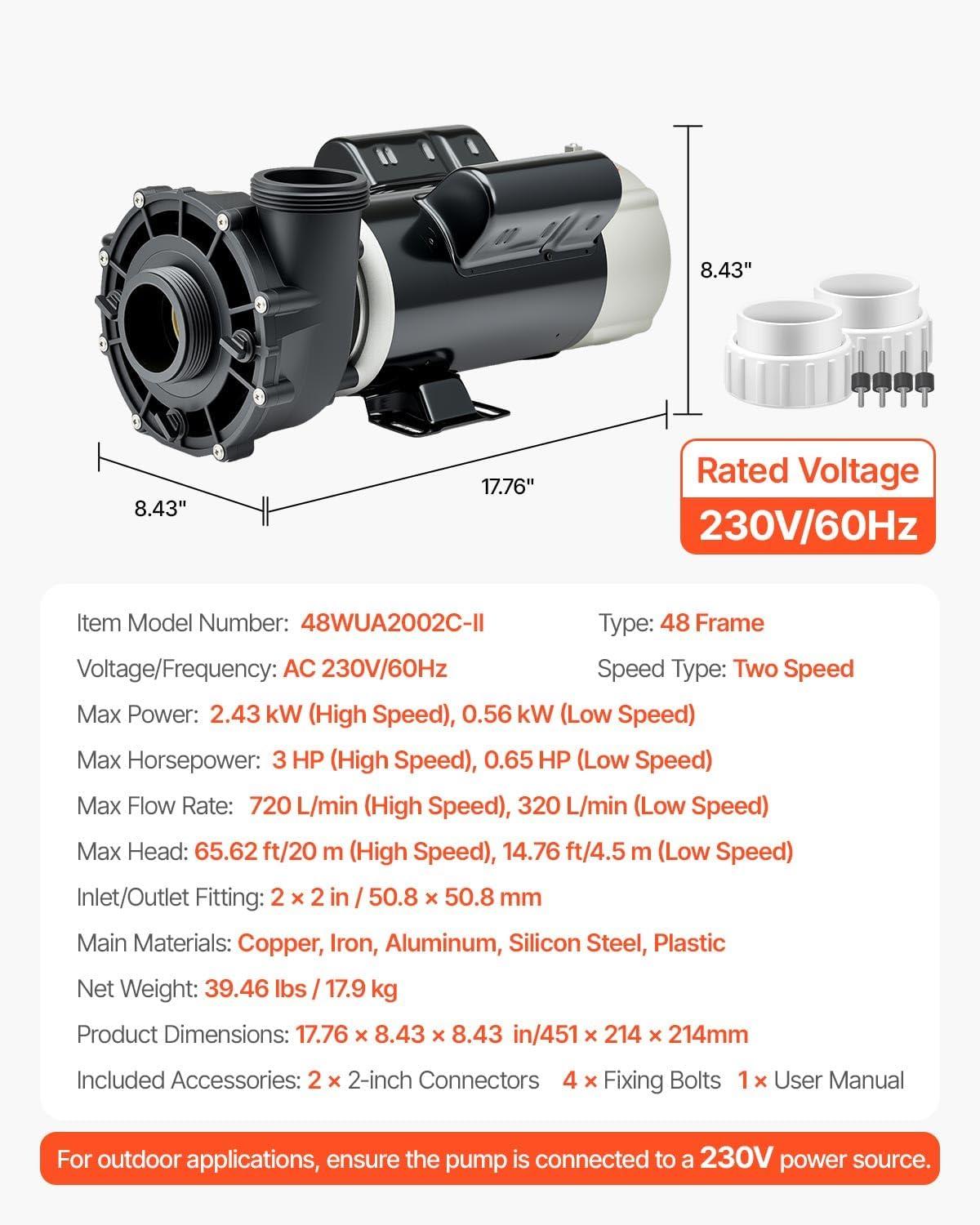 image:imageVEVOR 2 Speed SPA Pump 48Frame AC 110120V Hot Tub SPA Pump 15 HP 150 GPM 4265 ft High Speed or 046 HP 70 GPM 918 ft Low Speed 2 Port 90 Rotational Interface for Hot Tub48Frame 3HP