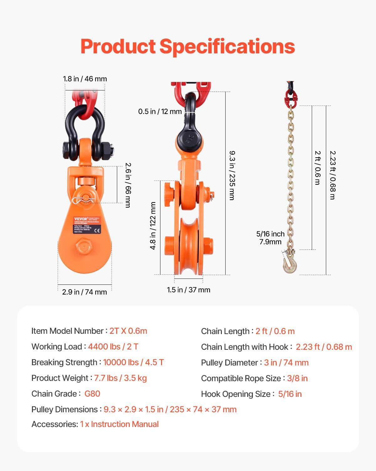 image:imageVEVOR 2 Ton Snatch Block with G80 Chain Swivel Shackle 3 Sheave for 38 Wire Rope Snatch Block Pulley for Towing and Recovery Applications on Flatbed Tow Truck Rollback Wrecker Car Carrier Cableorange