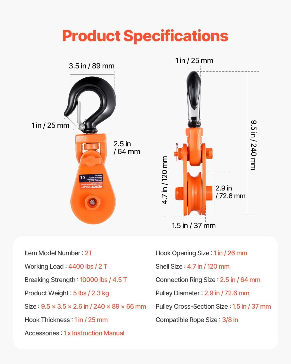 image:imageVEVOR 2 Ton Snatch Block with Swivel Hook 3 Sheave 38 Inch Wire Rope Heavy Duty Snatch Block Pulley 4400 lbs for Towing and Recovery Operations on Tow Truck Rollback Wrecker Car Hauler Winchesorange