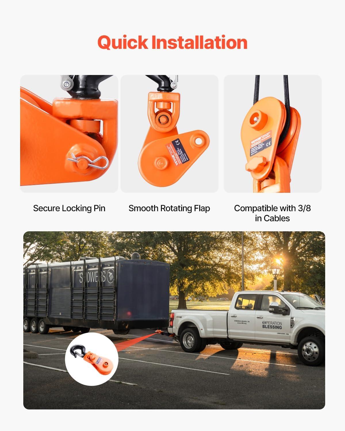 image:imageVEVOR 2 Ton Snatch Block with Swivel Hook 3 Sheave 38 Inch Wire Rope Heavy Duty Snatch Block Pulley 4400 lbs for Towing and Recovery Operations on Tow Truck Rollback Wrecker Car Hauler Winchesorange