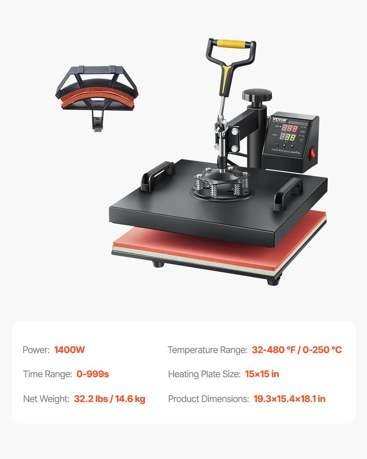 image:imageVEVOR 2 in 1 Heat Press Machine for T Shirts and Hats 15x15 Inch Professional Swing Away Digital Tshirt Press Machine for Sublimation Vinyl Heat Transfer Projects2in115x15Black