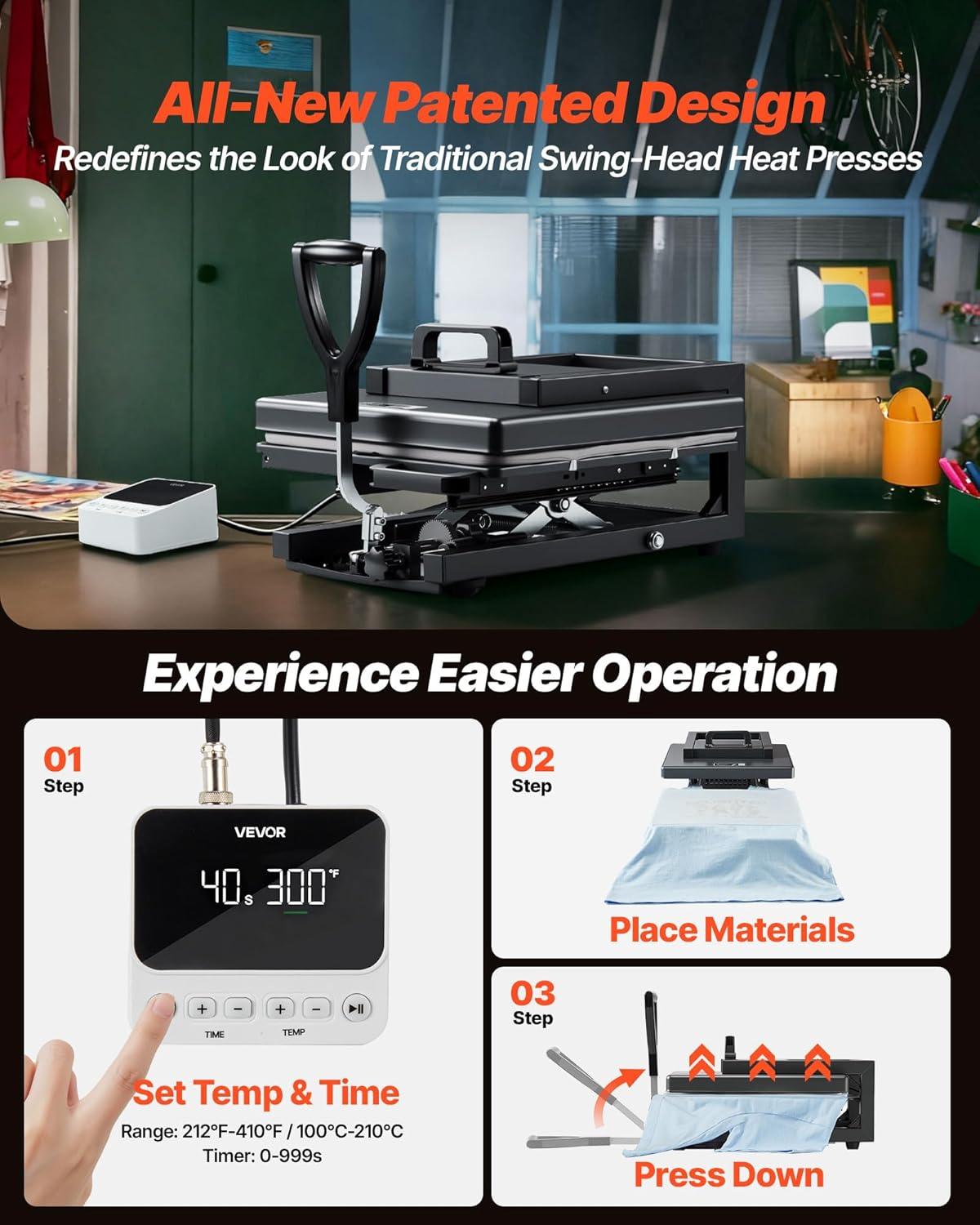 image:imageVEVOR 2 in 1 Heat Press Machine for T Shirts and Hats 15x15 Inch Professional Swing Away Digital Tshirt Press Machine for Sublimation Vinyl Heat Transfer Projects15X15 5 in 1Black