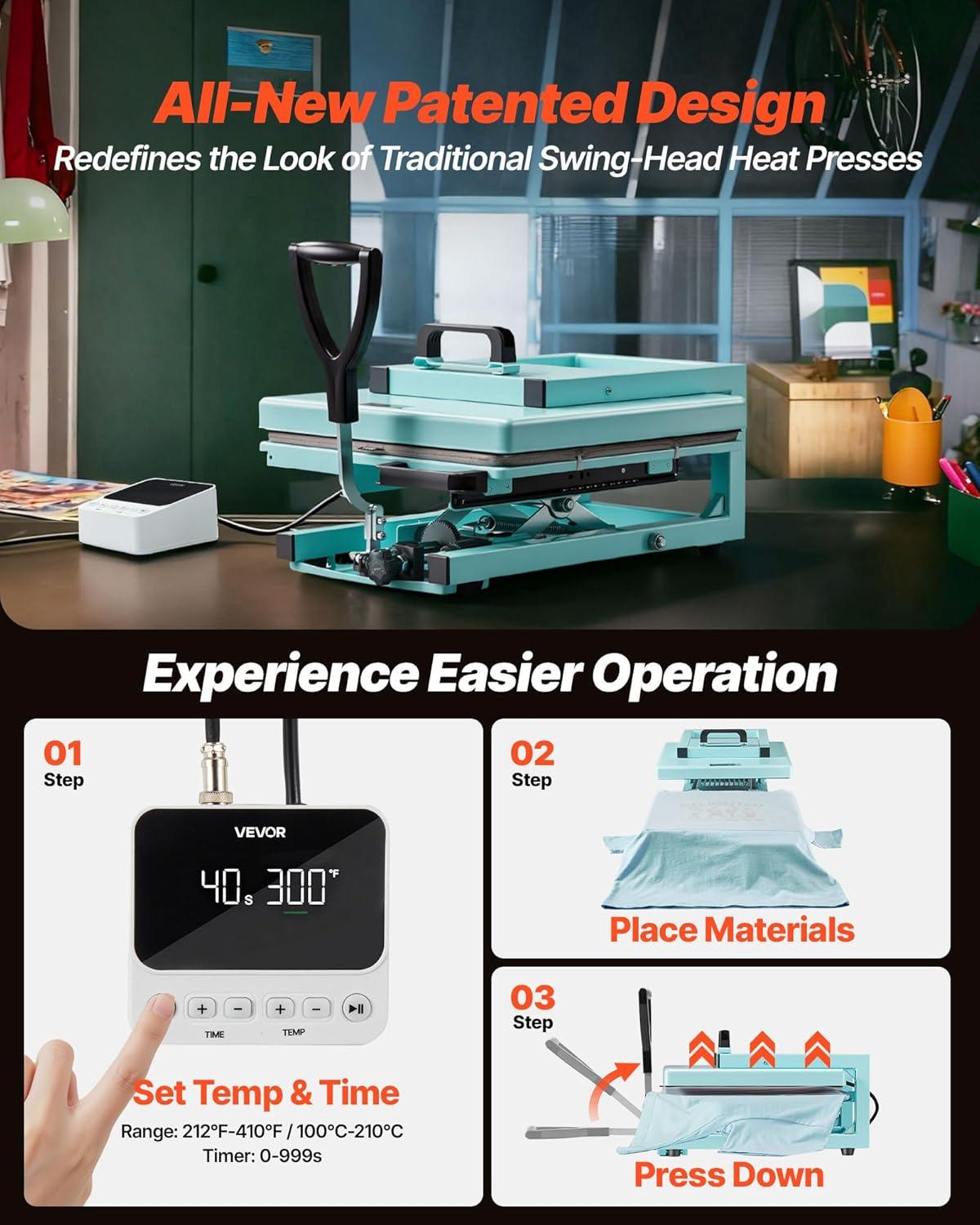 image:imageVEVOR 2 in 1 Heat Press Machine for T Shirts and Hats 15x15 Inch Professional Swing Away Digital Tshirt Press Machine for Sublimation Vinyl Heat Transfer Projects15X15 5 in 1Green