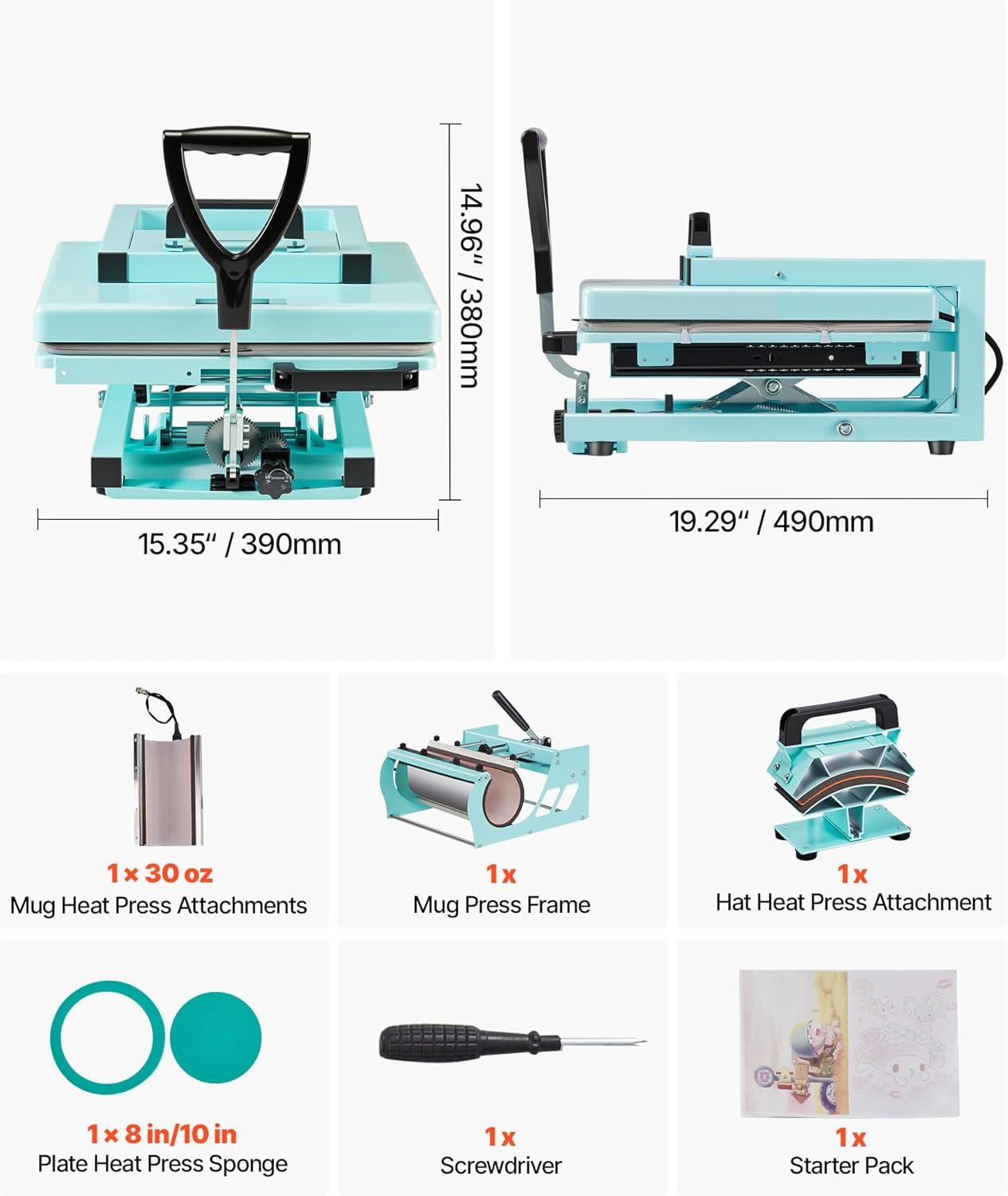 image:imageVEVOR 2 in 1 Heat Press Machine for T Shirts and Hats 15x15 Inch Professional Swing Away Digital Tshirt Press Machine for Sublimation Vinyl Heat Transfer Projects15X15 5 in 1Green