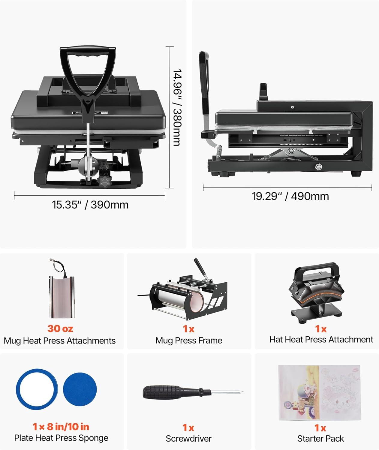 image:imageVEVOR 2 in 1 Heat Press Machine for T Shirts and Hats 15x15 Inch Professional Swing Away Digital Tshirt Press Machine for Sublimation Vinyl Heat Transfer Projects15X15 5 in 1Black