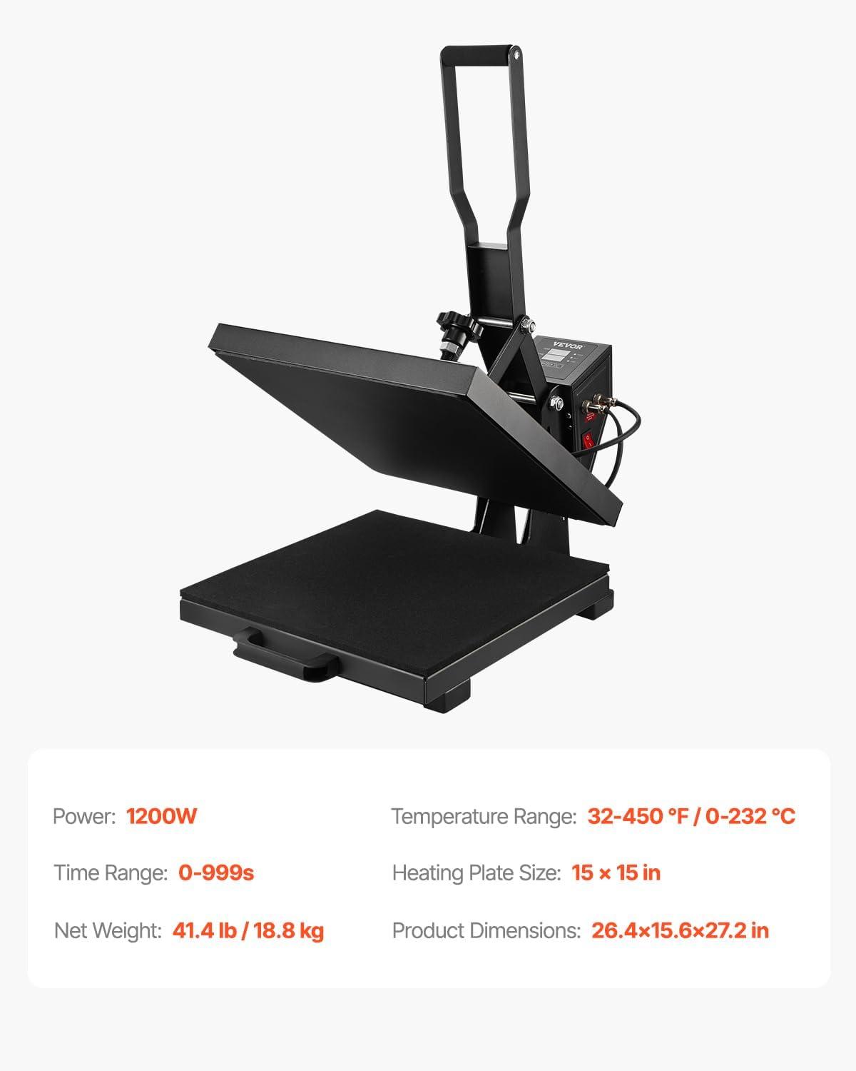 image:imageVEVOR 2 in 1 Heat Press Machine for T Shirts and Hats 15x15 Inch Professional Swing Away Digital Tshirt Press Machine for Sublimation Vinyl Heat Transfer Projects15x15Black