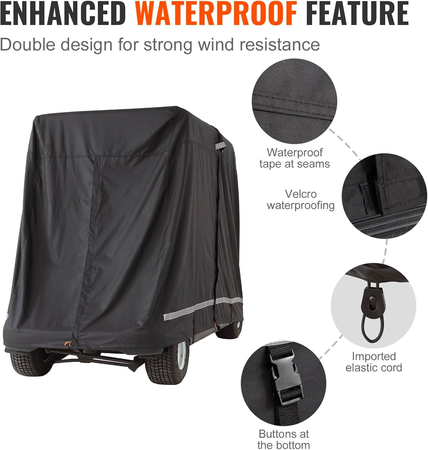 image:imageVEVOR 22 Passenger Golf Cart Cover 600D Polyester Full Cover Suitable for 22 Seats Golf Carts Waterproof Sunproof and Dustproof Outdoor Golf Cart Cover with Three Zipper Doors Black