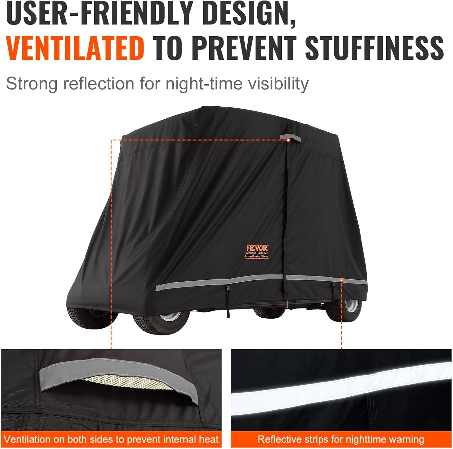 image:imageVEVOR 22 Passenger Golf Cart Cover 600D Polyester Full Cover Suitable for 22 Seats Golf Carts Waterproof Sunproof and Dustproof Outdoor Golf Cart Cover with Three Zipper Doors Black