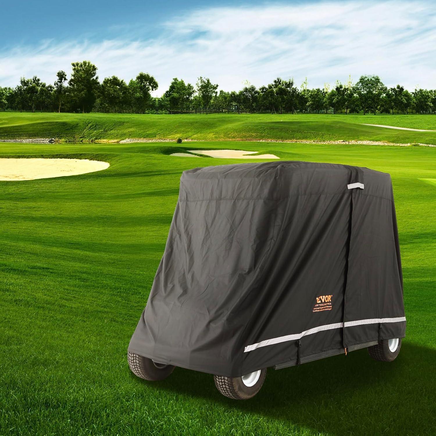 image:imageVEVOR 22 Passenger Golf Cart Cover 600D Polyester Full Cover Suitable for 22 Seats Golf Carts Waterproof Sunproof and Dustproof Outdoor Golf Cart Cover with Three Zipper Doors Black