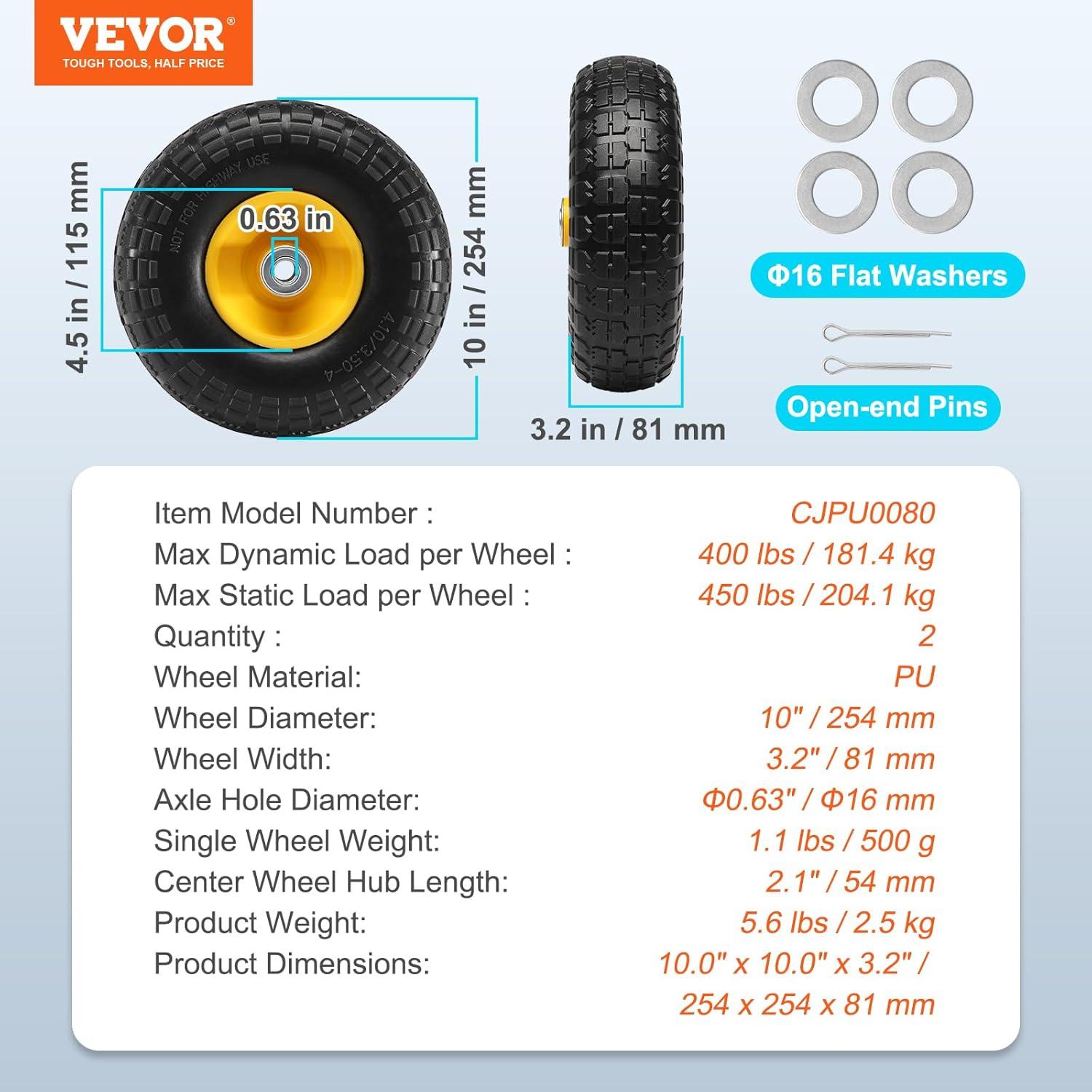 image:imageVEVOR 2Pack 10 x 25 Solid Rubber Tire Wheels 10 inch Tire and Wheel Flat Free with 58 Bearings 21 Offset Hub Replacement Wheelbarrow Tires Perfect for Hand Truck Wheelbarrow Garden CartMetal wheel hub