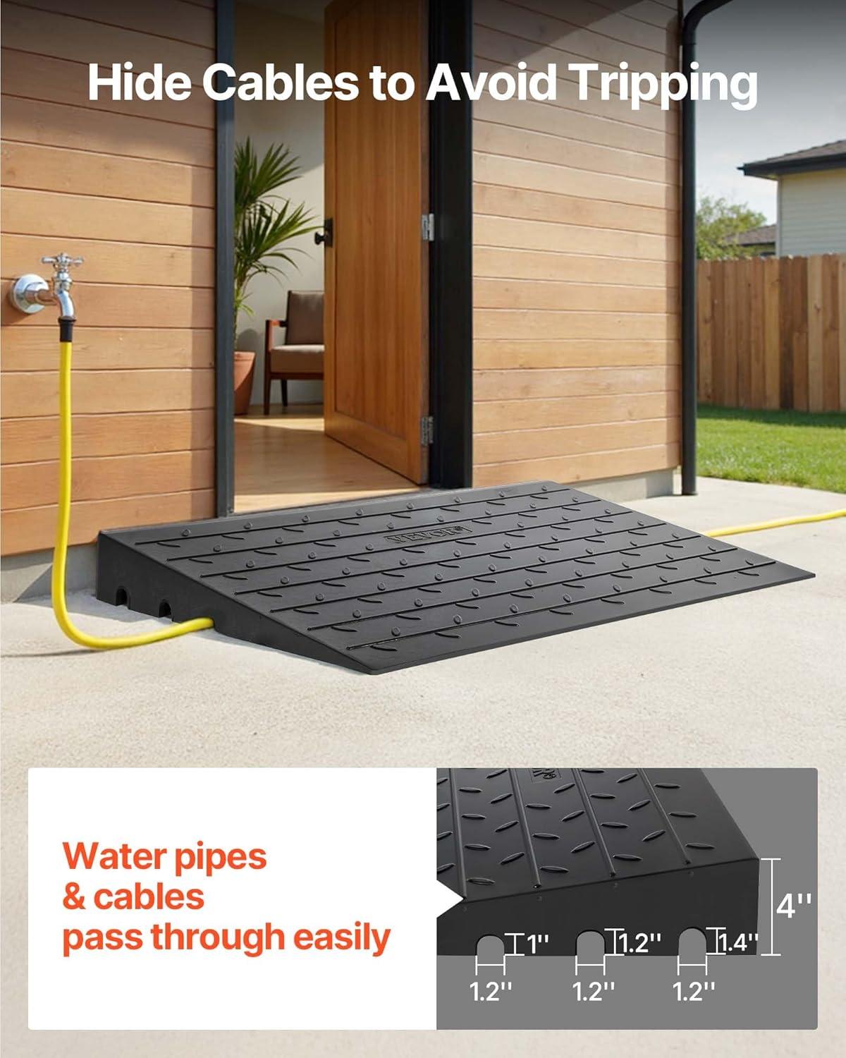 image:imageVEVOR 3 Rise Rubber Threshold Ramp 3 Channels Cord Cover Door Ramp NoSlip Surface 2200 Lbs Load Capacity Rubber Ramp for for Home Doorways Driveways Curb Home Steps 418 L x 24 W x 3 H4 H