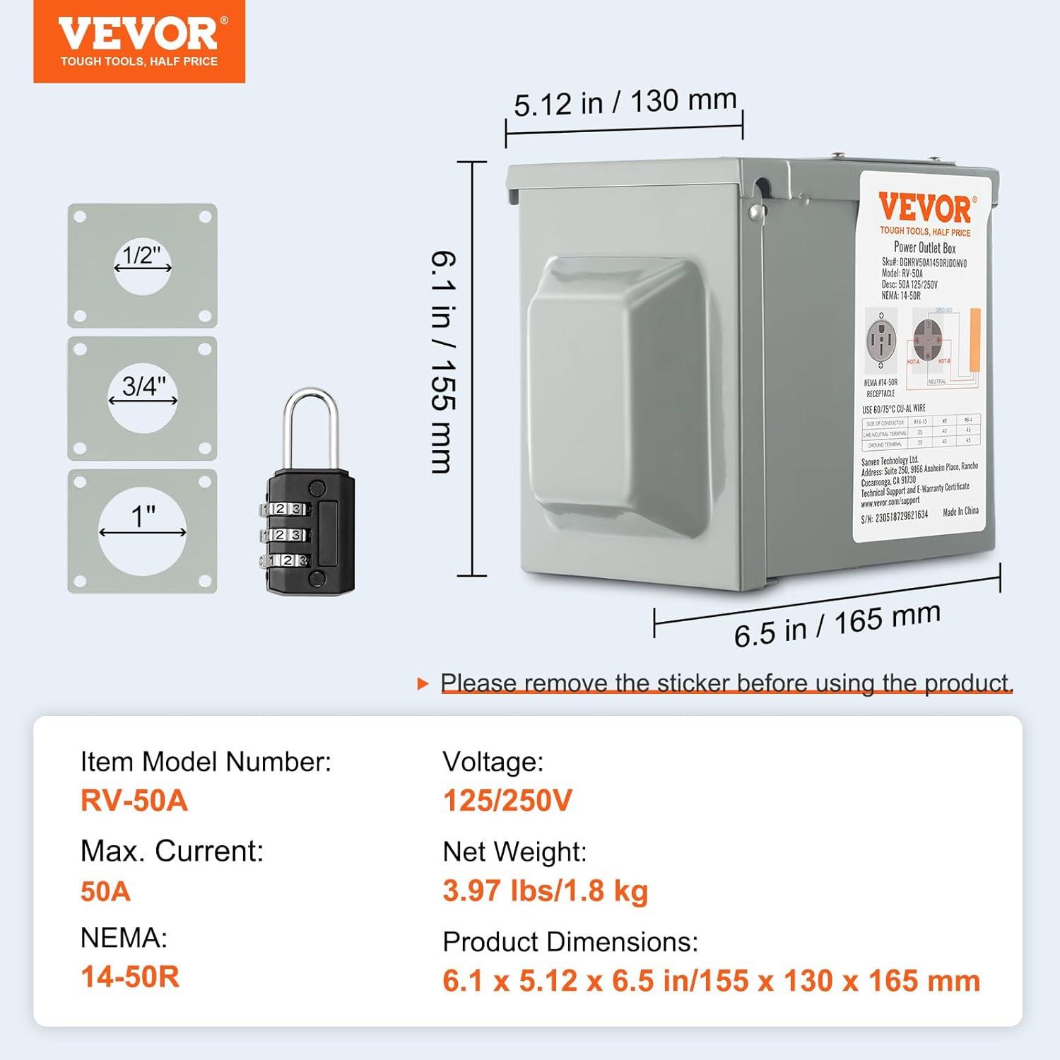 image:imageVEVOR 30 Amp RV Power Outlet Box 125250 Volt Enclosed Lockable Outdoor RV Receptacle Box NEMA TT30R Weatherproof Electrical Panel for RV Camper Trailer Motorhome Electric Car50 Amp