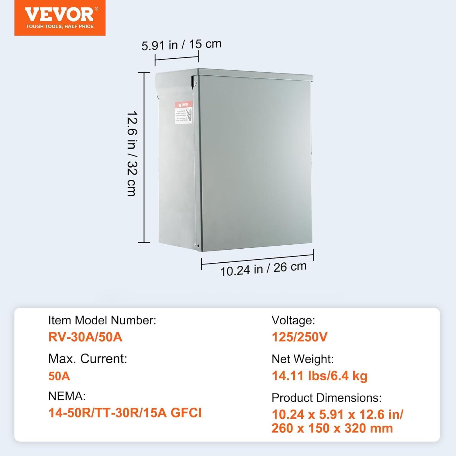 image:imageVEVOR 30 Amp RV Power Outlet Box 125250 Volt Enclosed Lockable Outdoor RV Receptacle Box NEMA TT30R Weatherproof Electrical Panel for RV Camper Trailer Motorhome Electric Car503020 Amp