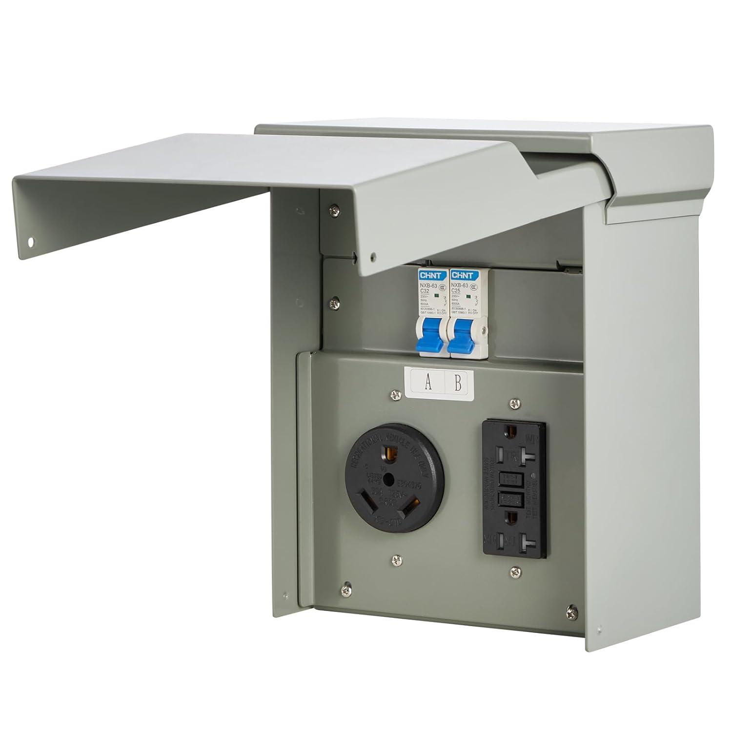 image:imageVEVOR 30 Amp RV Power Outlet Box 125250 Volt Enclosed Lockable Outdoor RV Receptacle Box NEMA TT30R Weatherproof Electrical Panel for RV Camper Trailer Motorhome Electric Car3020 Amp