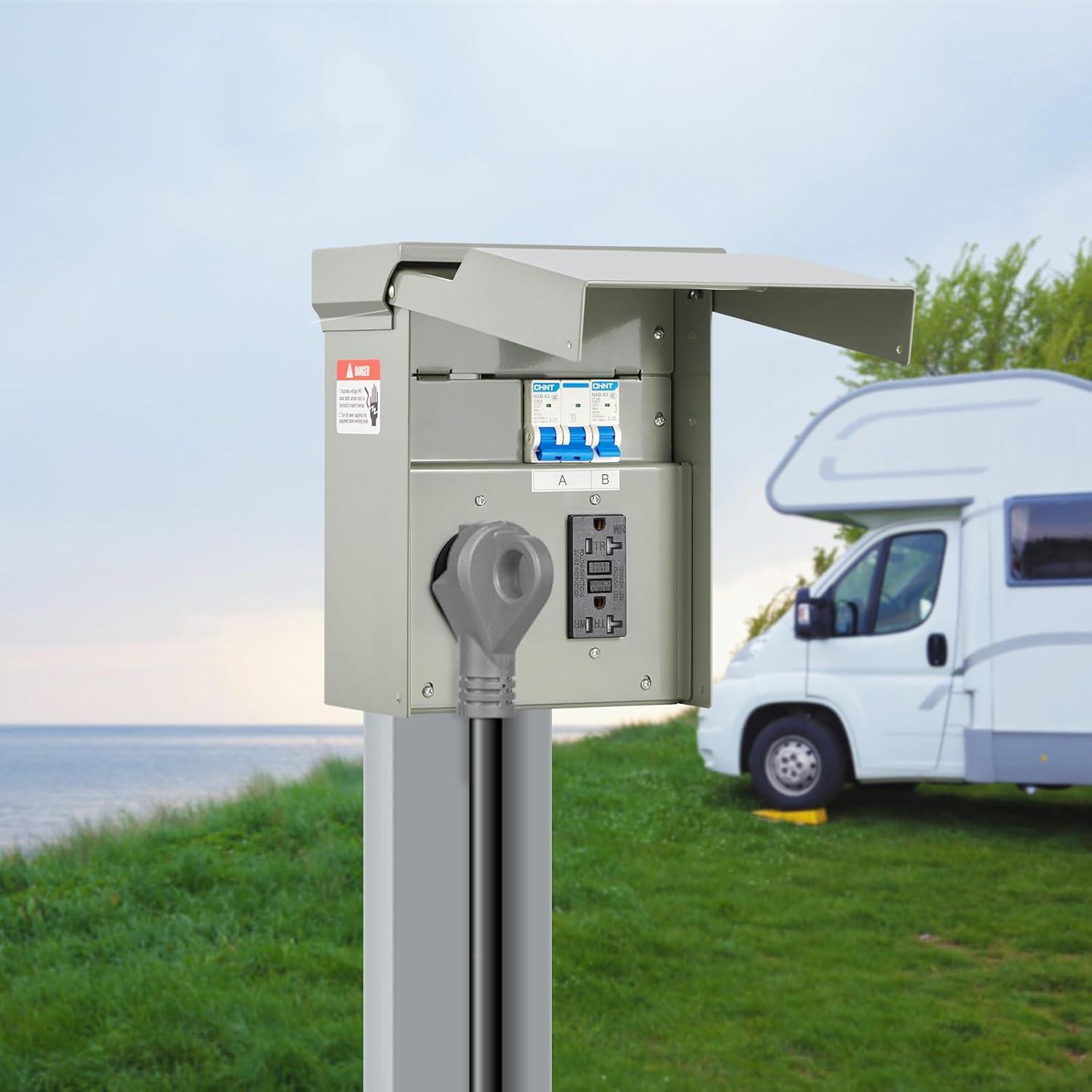 image:imageVEVOR 30 Amp RV Power Outlet Box 125250 Volt Enclosed Lockable Outdoor RV Receptacle Box NEMA TT30R Weatherproof Electrical Panel for RV Camper Trailer Motorhome Electric Car5020 Amp