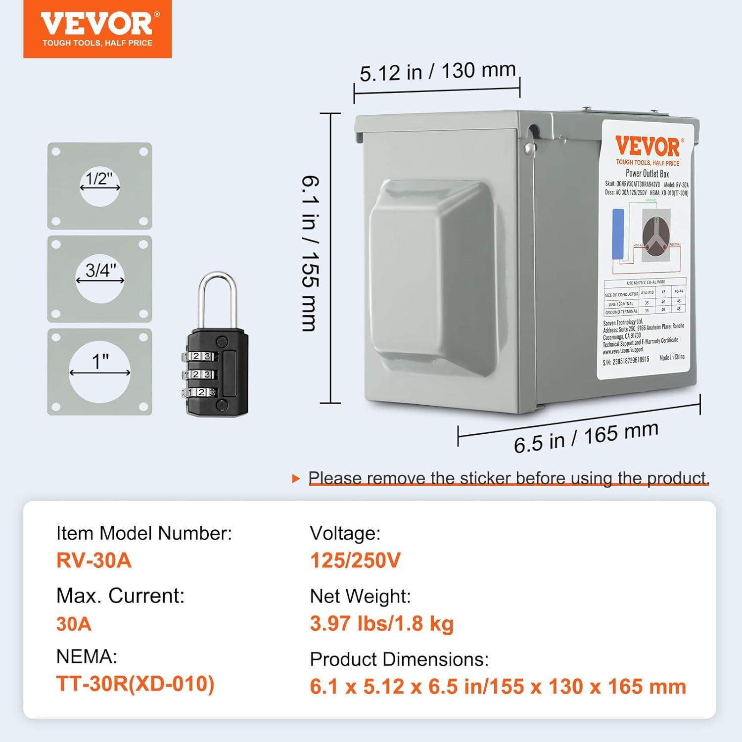 image:imageVEVOR 30 Amp RV Power Outlet Box 125250 Volt Enclosed Lockable Outdoor RV Receptacle Box NEMA TT30R Weatherproof Electrical Panel for RV Camper Trailer Motorhome Electric Car30 Amp