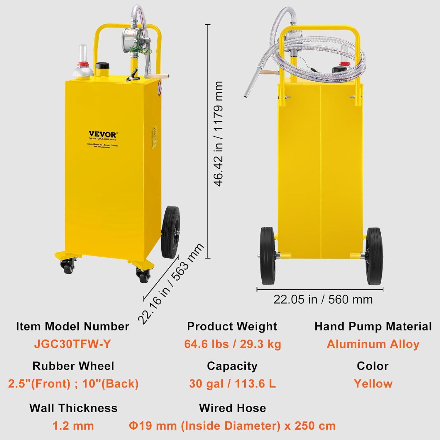 image:imageVEVOR 30 Gallon Fuel Caddy Gas Storage Tank amp 4 Wheels with Manual Transfer Pump Gasoline Diesel Fuel Container for Cars Lawn Mowers ATVs Boats More YellowYellow