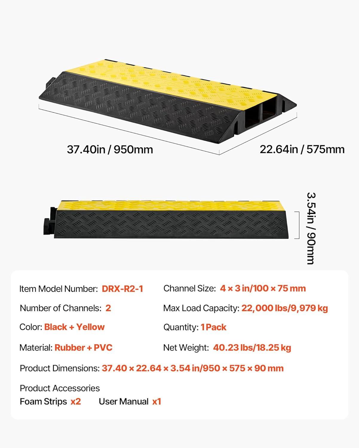 image:imageVEVOR 328 ft Cable Protector Ramp 4 Pack of 1 Channel 18000 lbsaxle Capacity Heavy Duty Rubber Speed Bumps Floor Cord Cable Protector Wire Cover for Residential Areas Private Garages Gardens2 Channel1 PC