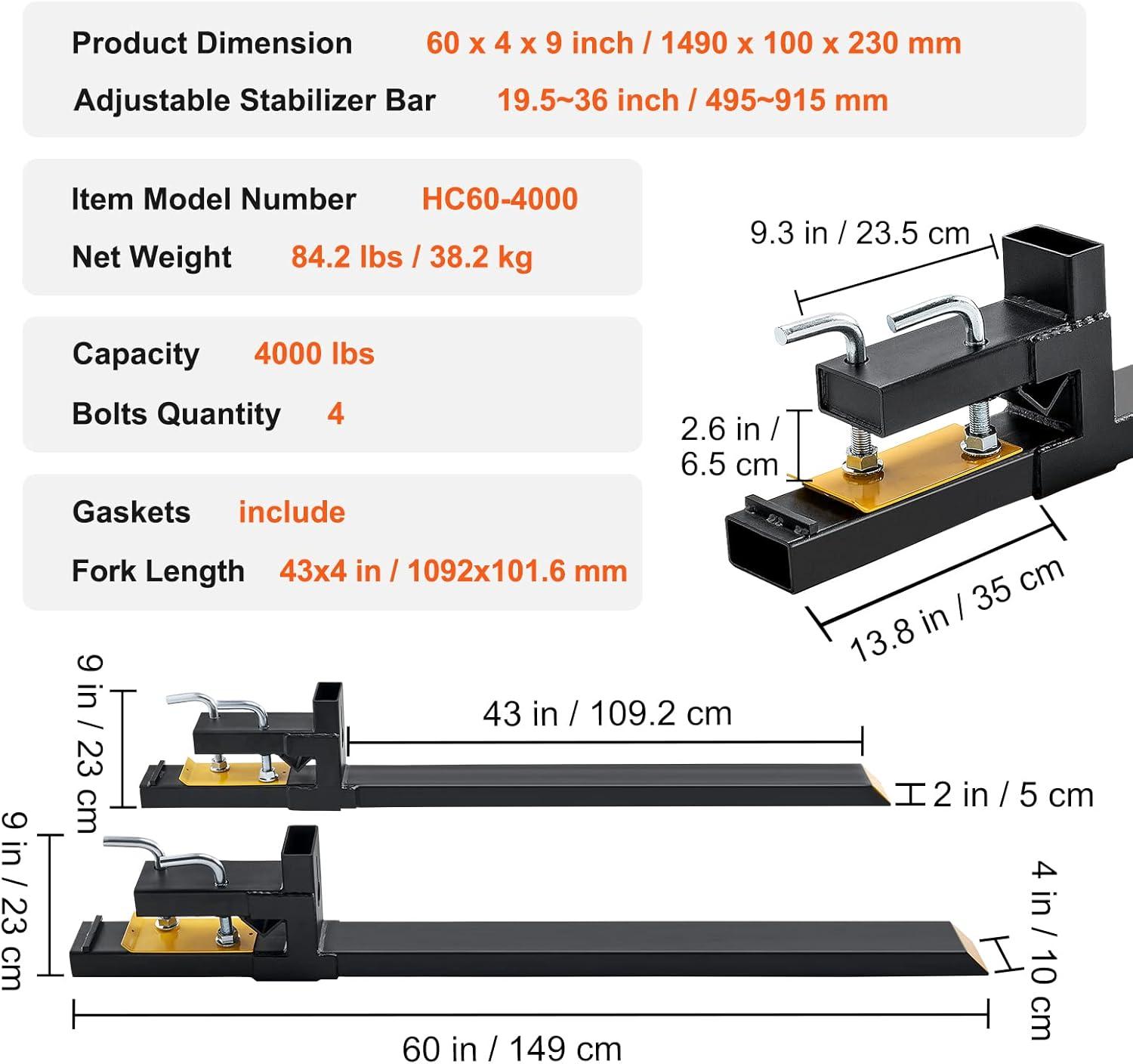 image:imageVEVOR 43 Clamp on Pallet Forks 2000lbs Capacity Tractor Bucket Forks Heavy Duty Quick Attach Pallet Fork for Bucket Tractor Loader Skid Steer604000 lbs without Stabilizer Bar
