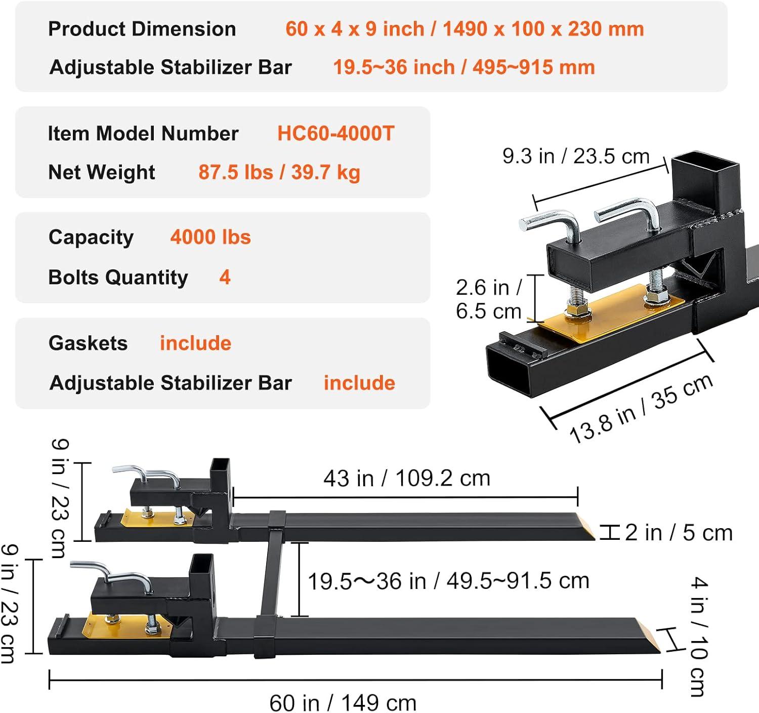 image:imageVEVOR 43 Clamp on Pallet Forks 2000lbs Capacity Tractor Bucket Forks Heavy Duty Quick Attach Pallet Fork for Bucket Tractor Loader Skid Steerwith Stabilizer Bar