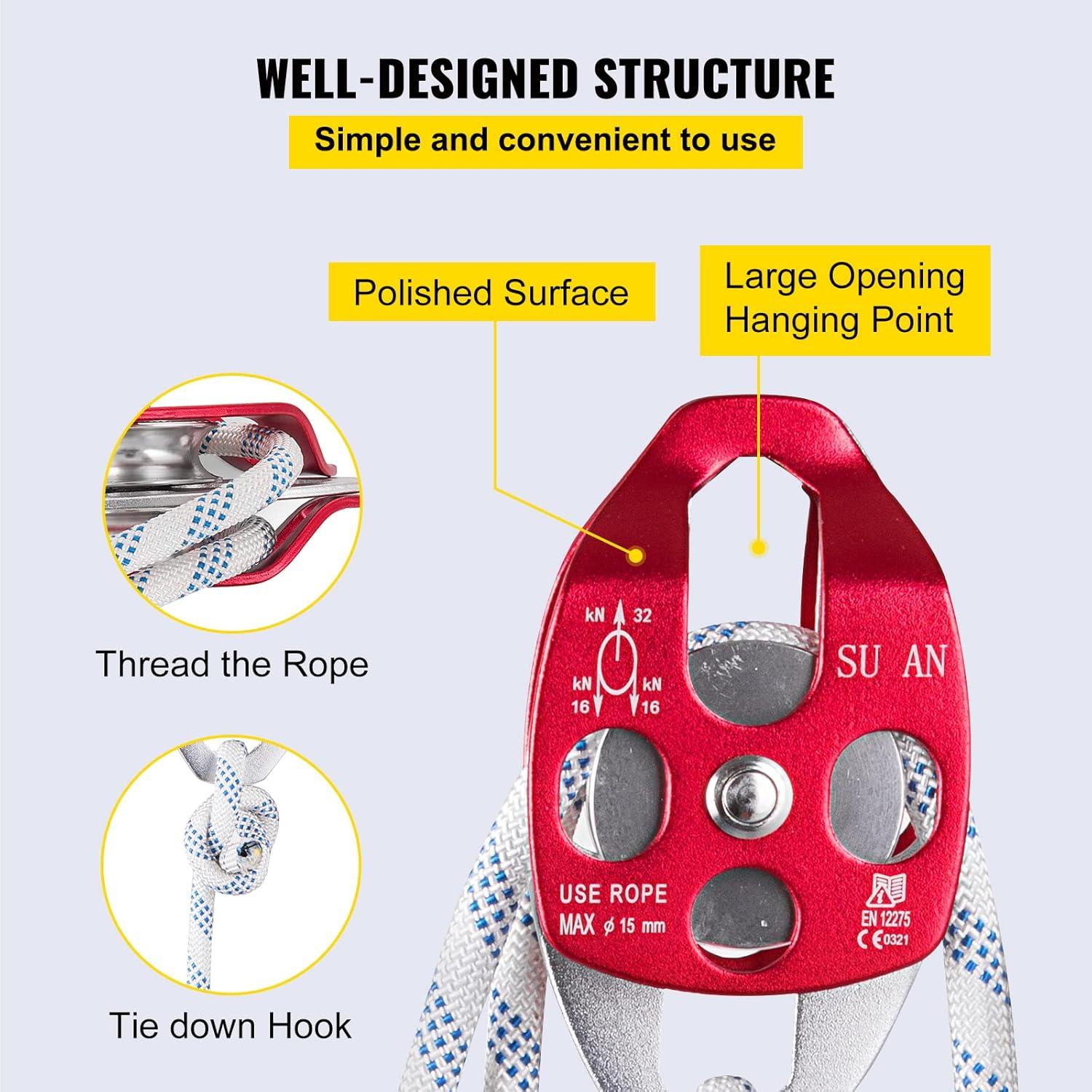 image:imageVEVOR 4400 lbs Breaking Strength 100 FT Rope Pulley Hoist 51 Lifting Power Heavy Duty Pulley System with 2pcs Soft Loops Metal Wheels Bearing Structure Block and Tackle for Lifting Heavy Objects12 x 150