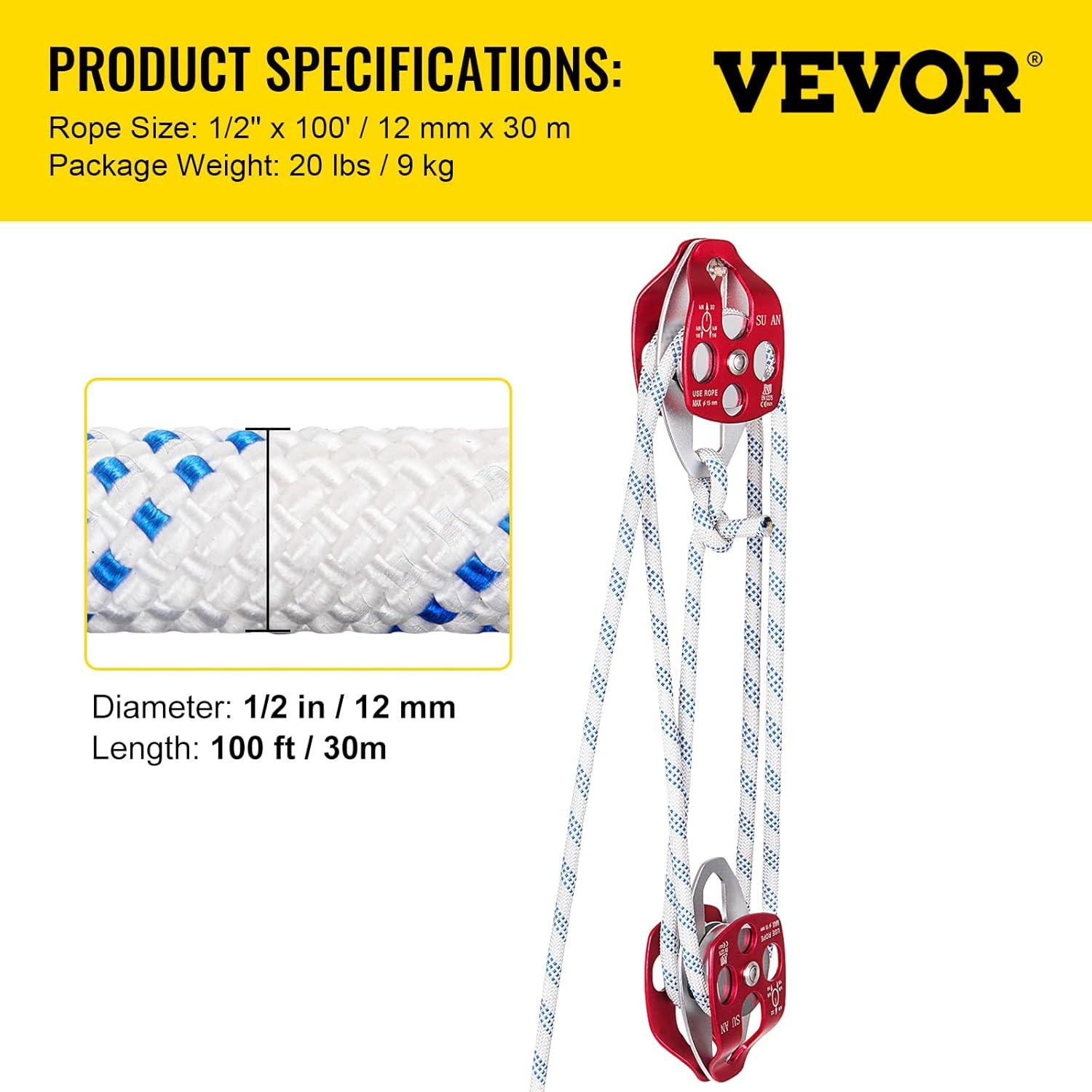 image:imageVEVOR 4400 lbs Breaking Strength 100 FT Rope Pulley Hoist 51 Lifting Power Heavy Duty Pulley System with 2pcs Soft Loops Metal Wheels Bearing Structure Block and Tackle for Lifting Heavy Objects12 x 100