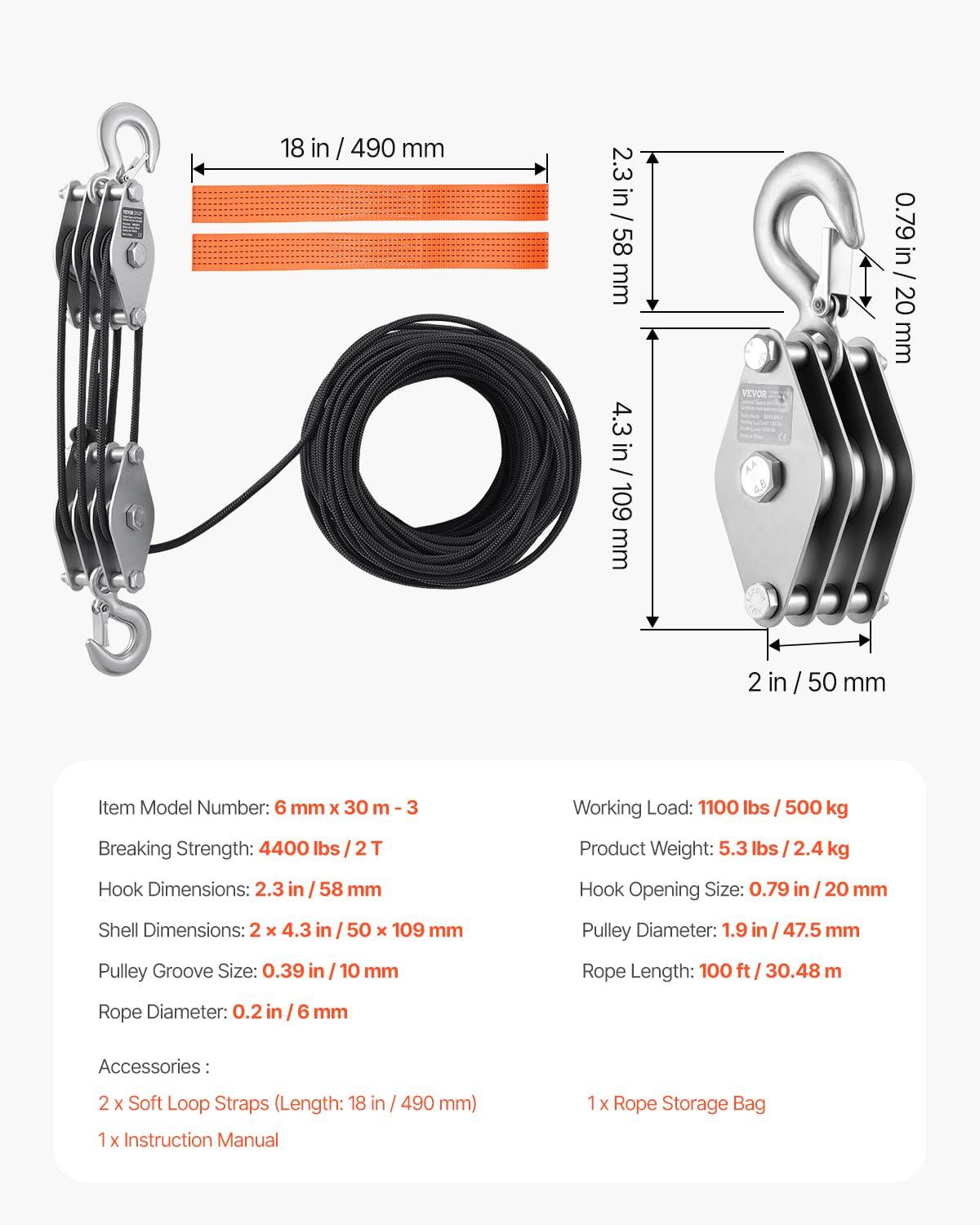 image:imageVEVOR 4400 lbs Breaking Strength 100 FT Rope Pulley Hoist 51 Lifting Power Heavy Duty Pulley System with 2pcs Soft Loops Metal Wheels Bearing Structure Block and Tackle for Lifting Heavy Objects023 x 100