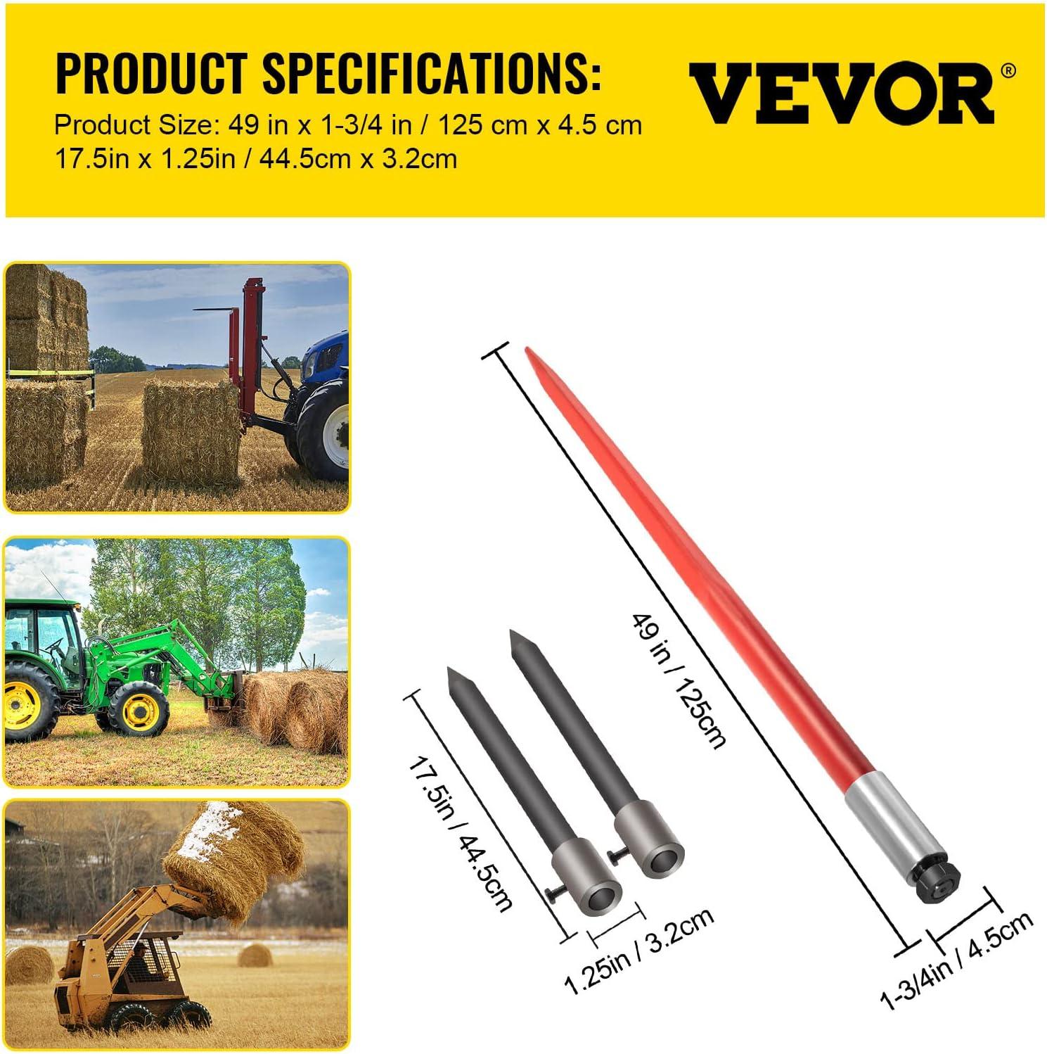 image:imageVEVOR 49 Hay Spear Bale Spears 1600lbs Loading Capacity Skid Steer Loader Tractor Attachment with 2pcs 175 Stabilizer Spears Quick Attach Spike ForksHay Spear