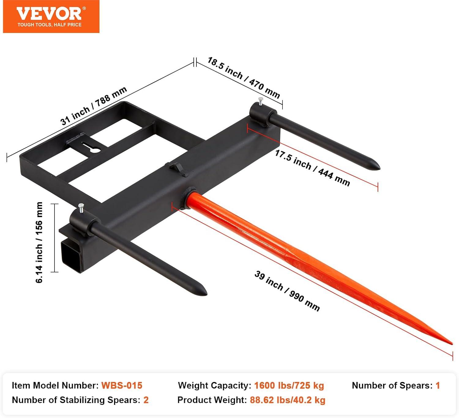 image:imageVEVOR 49 Hay Spear Bale Spears 1600lbs Loading Capacity Skid Steer Loader Tractor Attachment with 2pcs 175 Stabilizer Spears Quick Attach Spike ForksHorizontal type