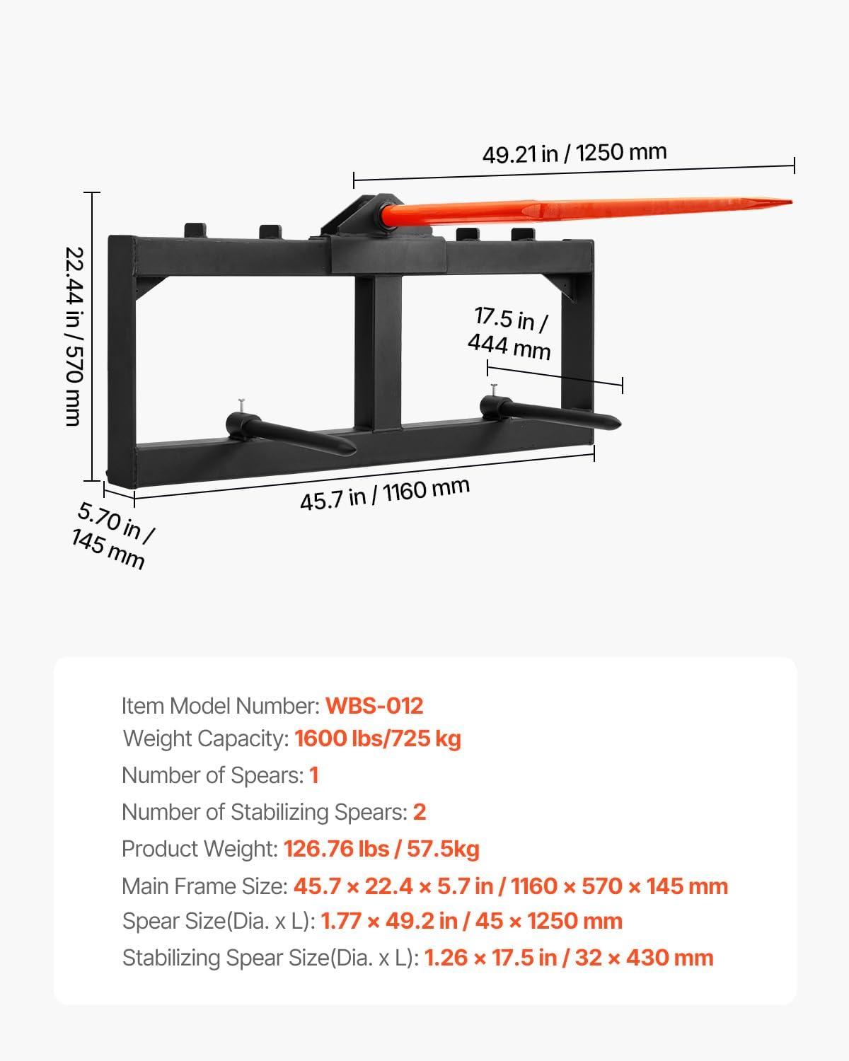 image:imageVEVOR 49 Hay Spear Bale Spears 1600lbs Loading Capacity Skid Steer Loader Tractor Attachment with 2pcs 175 Stabilizer Spears Quick Attach Spike ForksSquare type