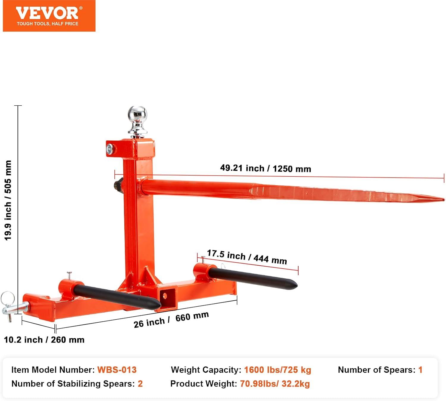 image:imageVEVOR 49 Hay Spear Bale Spears 1600lbs Loading Capacity Skid Steer Loader Tractor Attachment with 2pcs 175 Stabilizer Spears Quick Attach Spike ForksThreepoint type